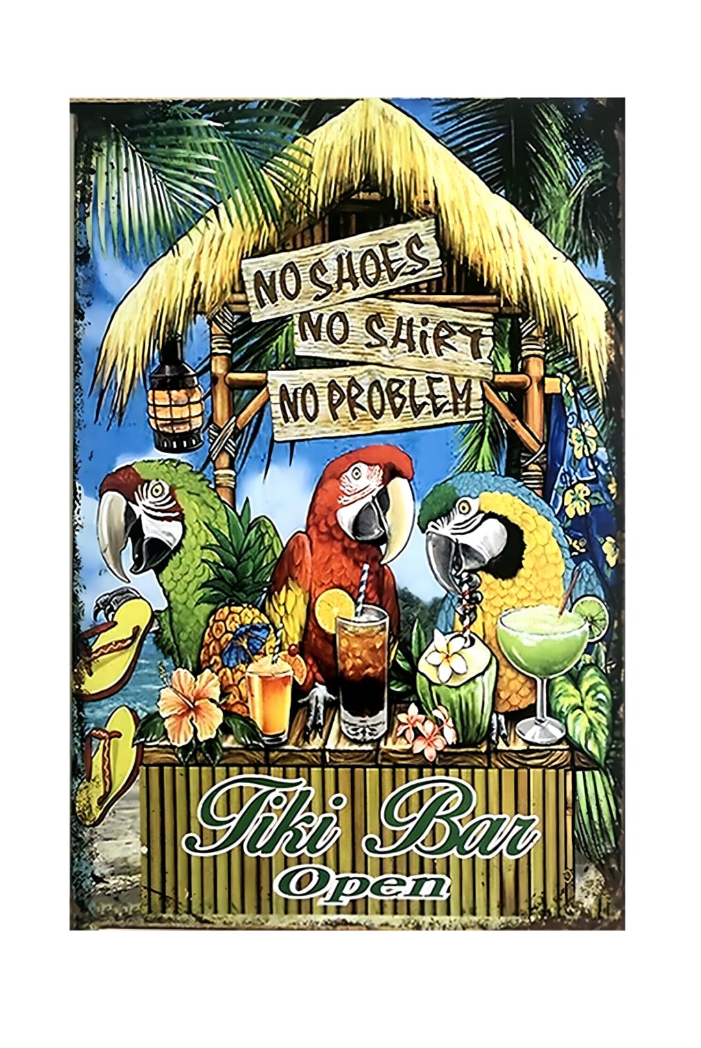 Husienzn Tph-217 Retro Funny Tin Sign Metal Poster Vintage Parrots Wall Décor, Tiki Bar Open, Humor Wall Art Decor Cute Decorations Gifts For Home Bar Bedroom Outdoor Plaque 8X12 Inch