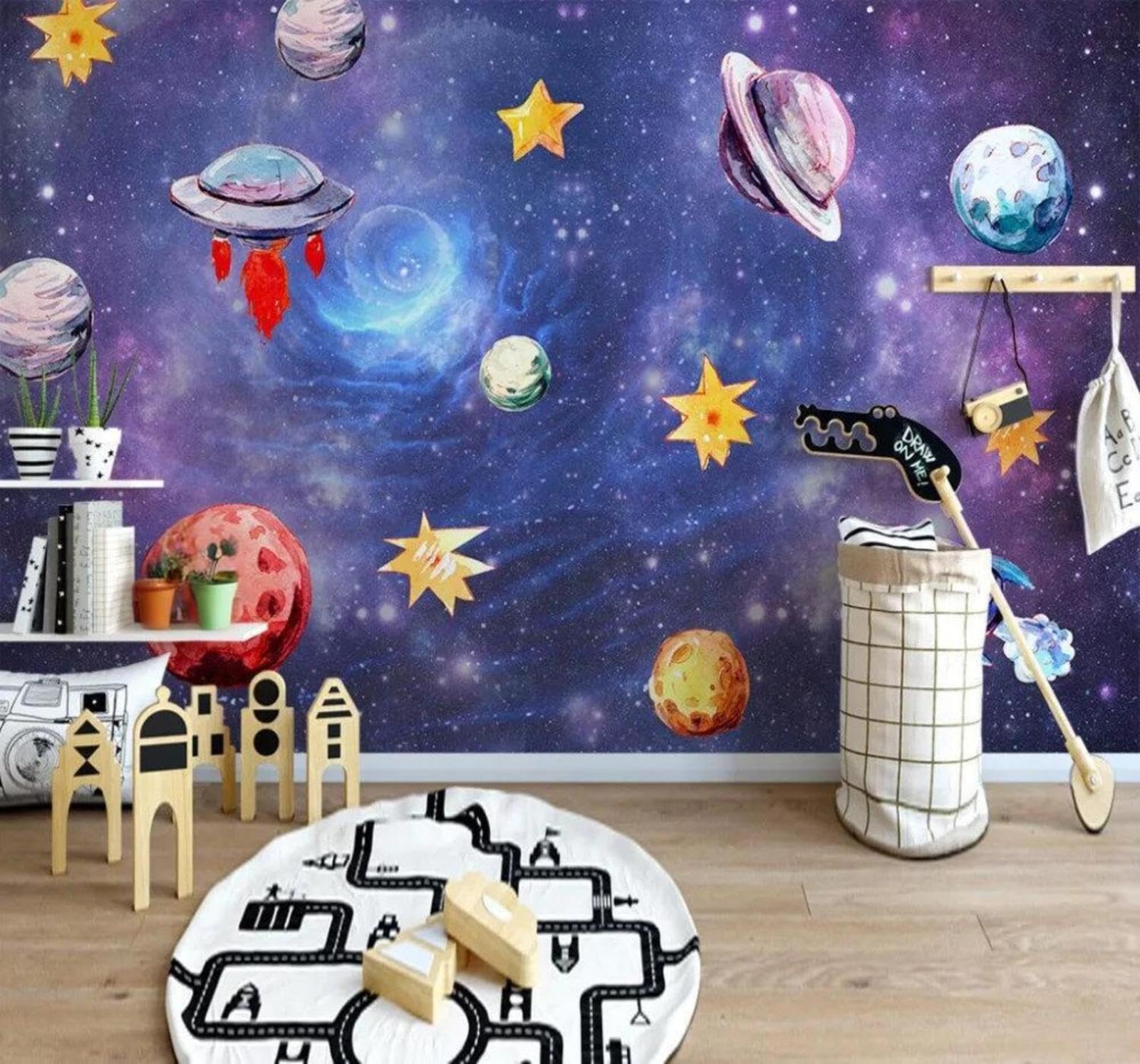 Wallpaper-3D-Xlm 350Cm×256Cm(B×H) Cartoon Universe Space Stars Planets 3D Wallpaper Easy Install Feature Office Living Room Sofa Bedroom Tv Background Wall Decoration-350Cm×256Cm