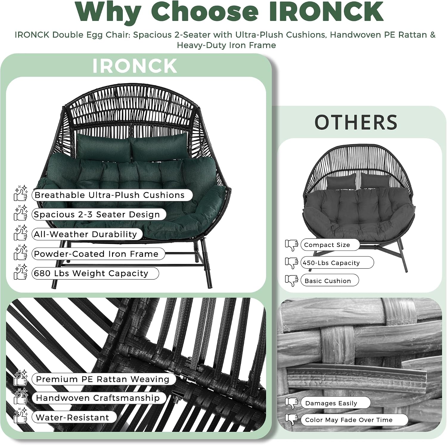 IRONCK Egg Chair Outdoor, Double Wicker Egg Lounge Chair, Upgraded Feet, Handrest and Padded Cushion, 700Lbs, Oversized Loveseat for Backyard, Patio, Living Room, Dark Green