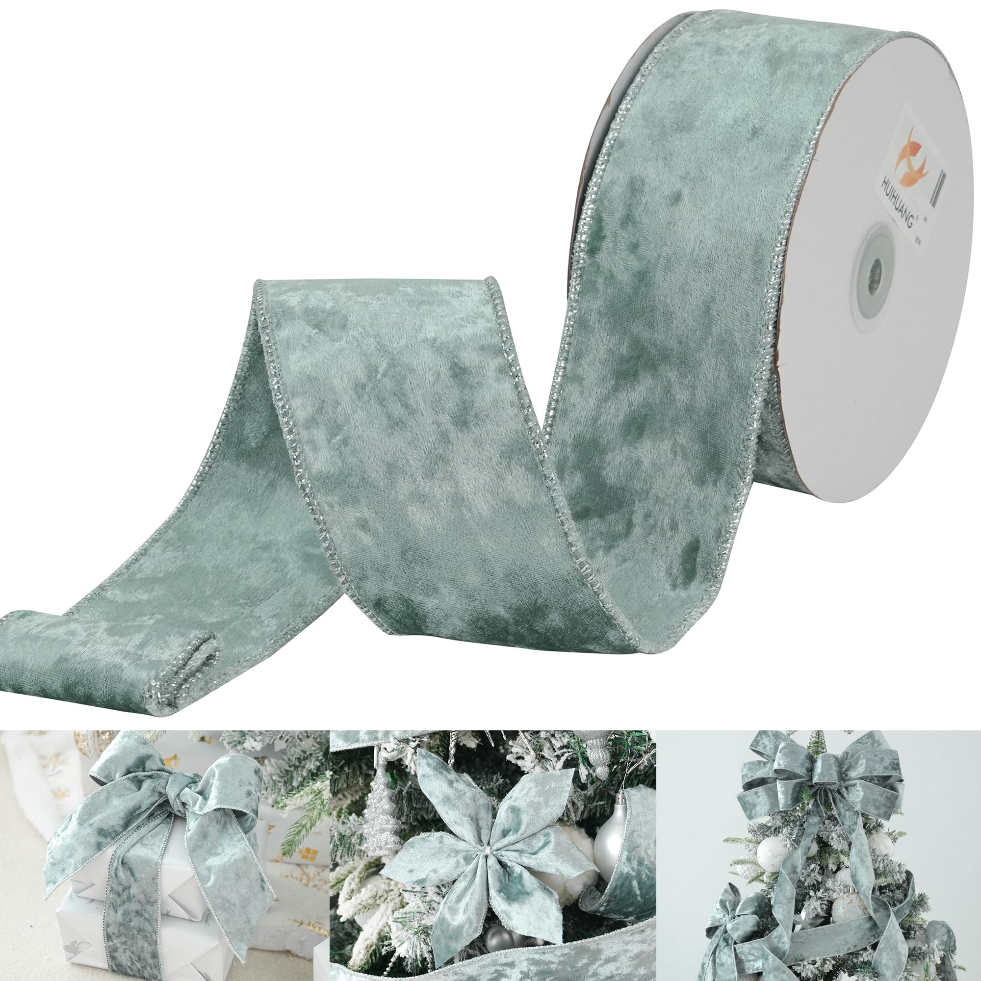 HUIHUANG Dusty Blue Velvet Wired Ribbon 2.5 inch Double Sided Velvet Ribbon Thick Dusty Blue Christmas Ribbon for Tree Decorations, Garlands, Wreaths,