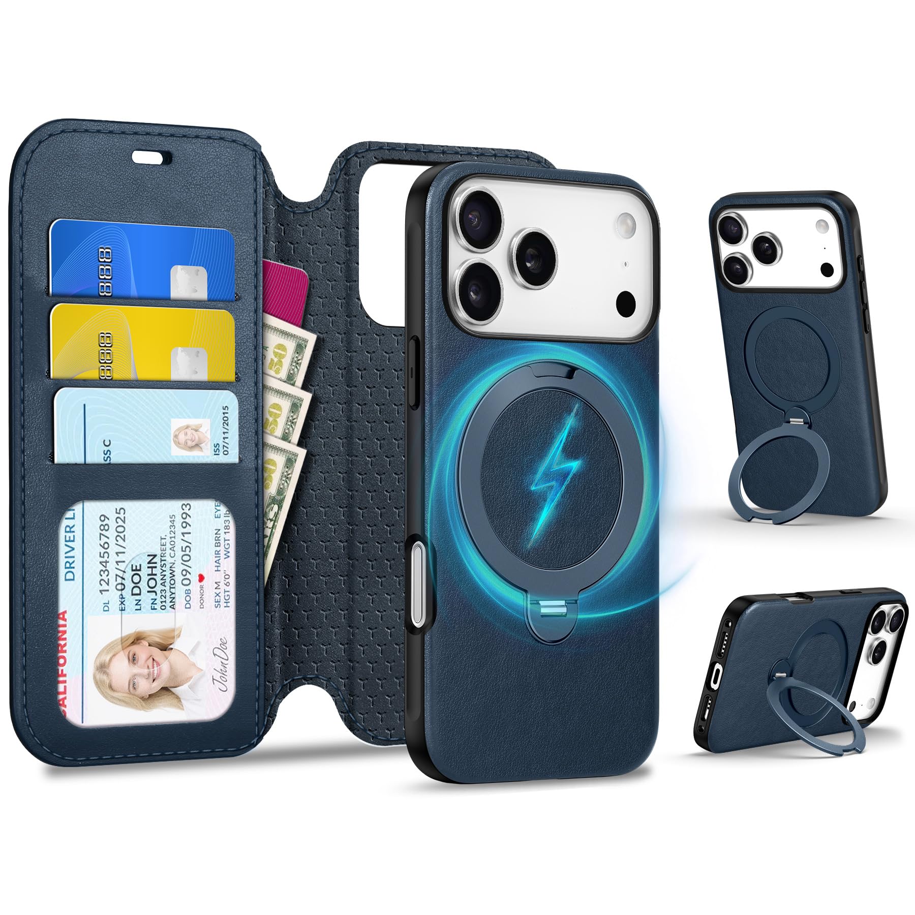 Photo 1 of TUCCH Removable Wallet Case for iPhone 17 Pro 6.3", Wireless Charging RFID Blocking 3 Card Slots, Adjustable 360° Rotating Ring Stand, Slim 2-in-1 Magnetic PU Leather Protective Flip Cover, Dark Blue