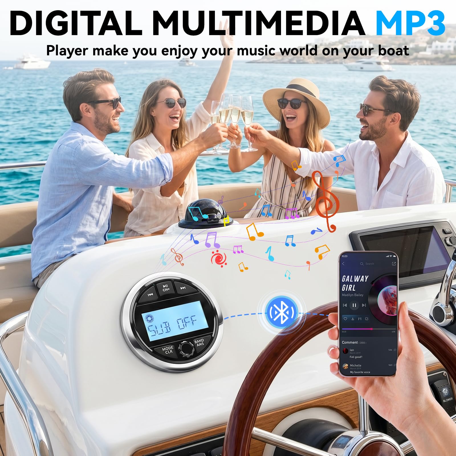 Morskie stereo wodoodporne radio do łodzi z BT 5.0, odbiornikiem AM/FM, odtwarzaczem MP3, wejściem USB/AUX i pilotem zdalnego sterowania, morski system audio do łodzi, jachtów i jednostek pływających