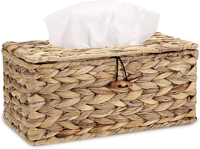 BSTKEY Rectangular Water Hyacinth Facial Tissue Box, Household Woven Paper Holder Napkin Box, Decorative Tissue Paper Storage Organizer with Lid