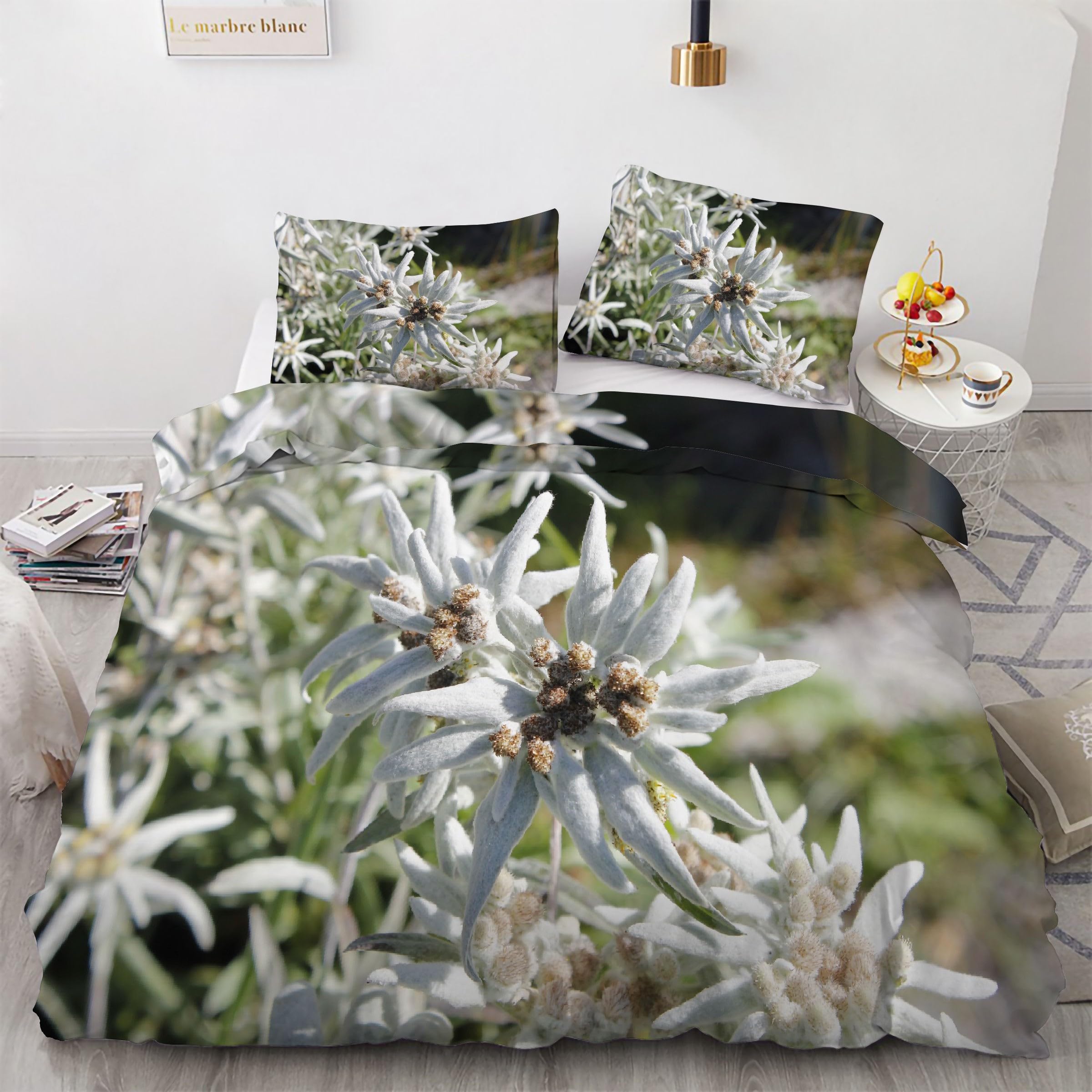 Housse de couette 220x240 anti-glisse avec fermeture éclair et taies fleurs Edelweiss