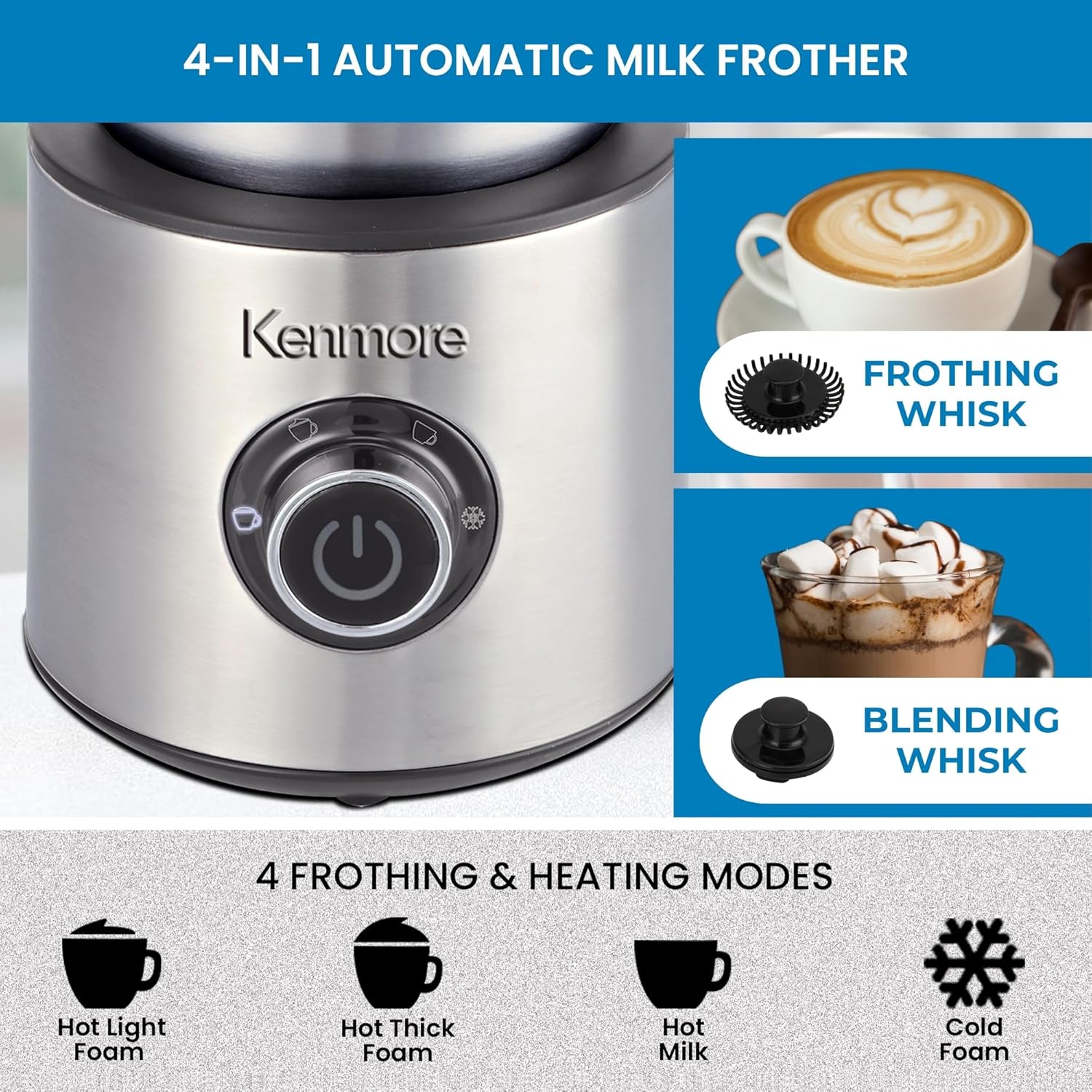 Kenmore Automatic Milk Frother & Steamer - Hot & Cold Foam Maker Electric Warmer Coffee, Latte, Cappuccino, Macchiato, Hot Chocolate Maker 16 oz (500mL) Capacity, Stainless Steel