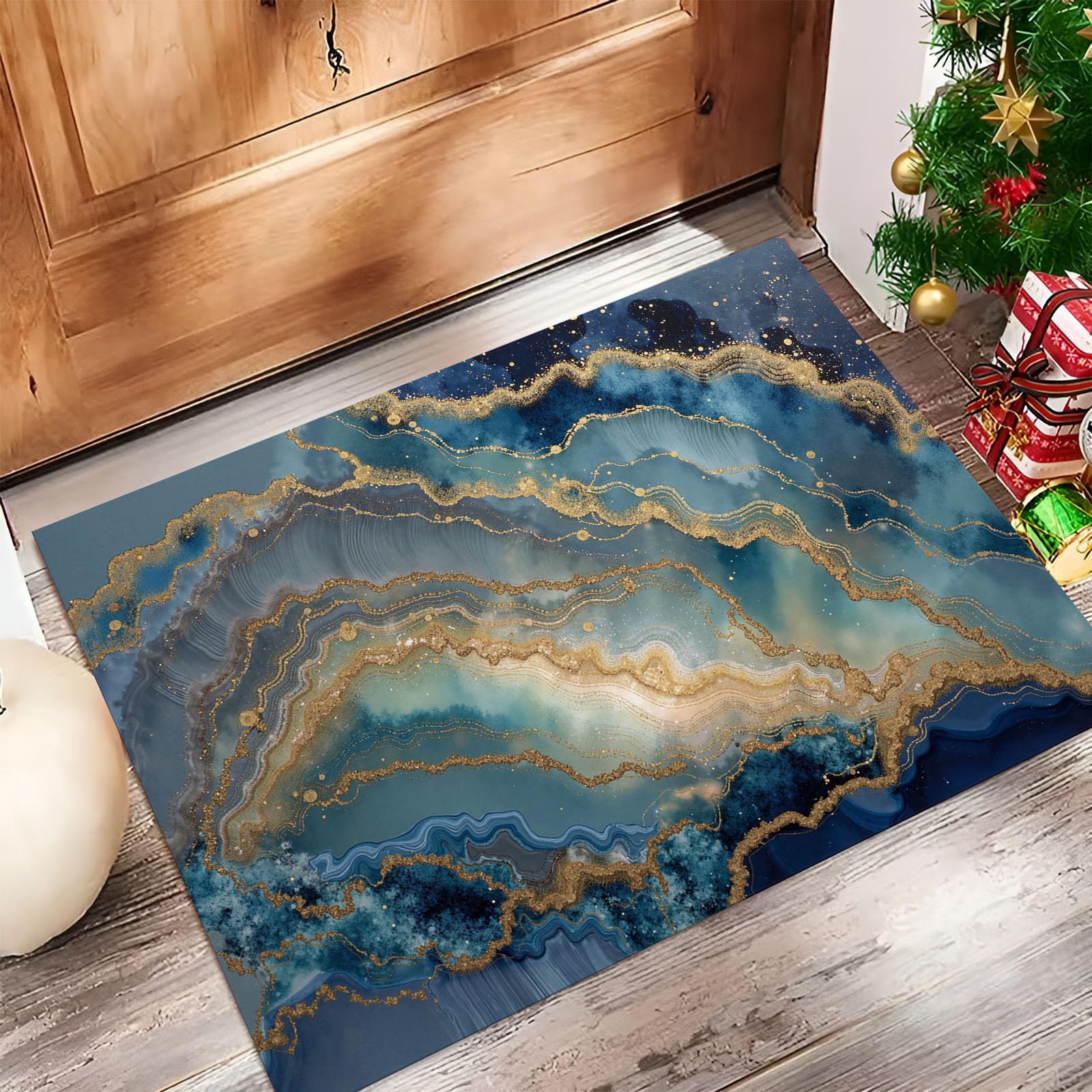 Alfombra azul de 90x150 cm lavable con diseño de mármol y remolino dorado para interior