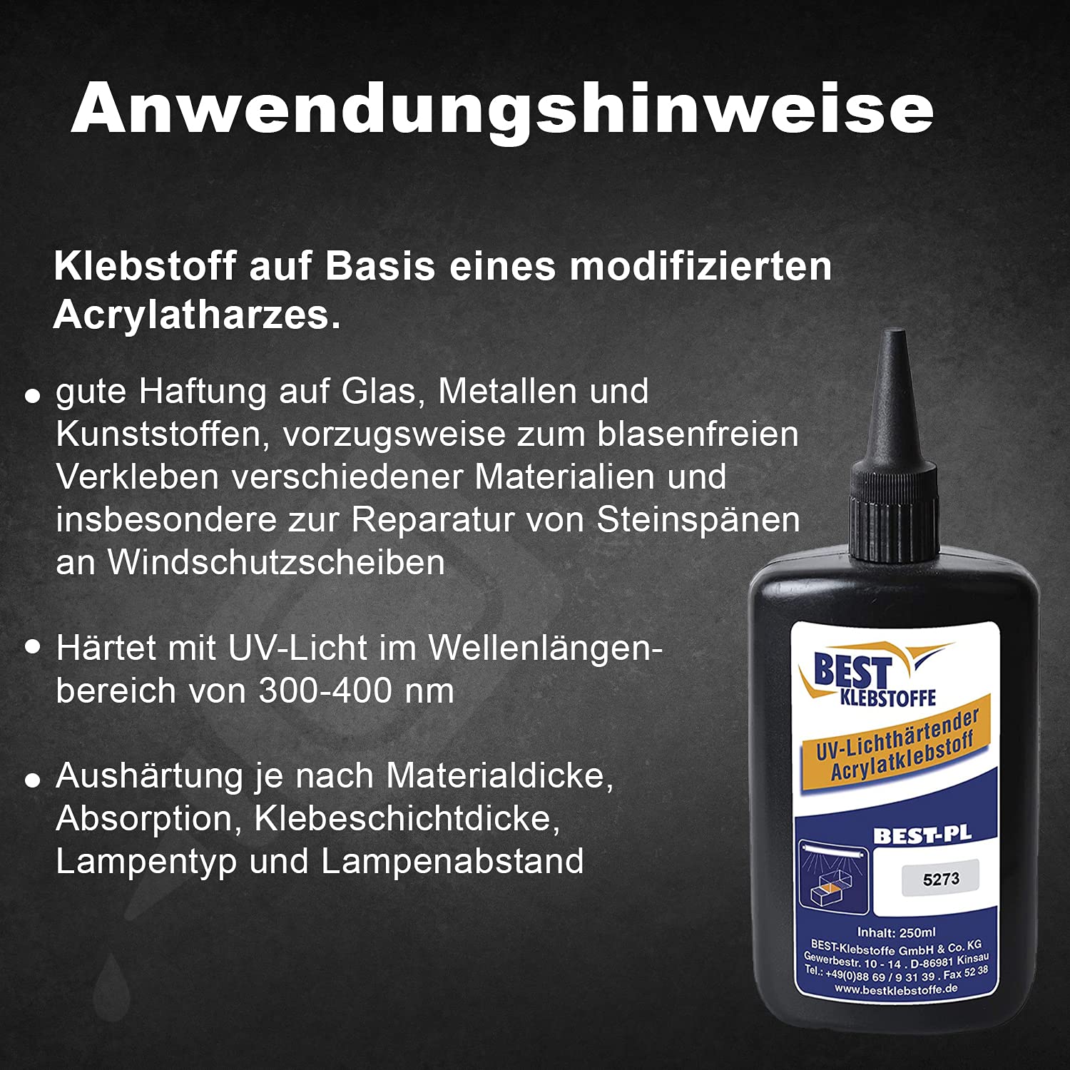 BEST KLEBSTOFF - PL 5273-1 UV Kleber kapillar | 250g | Niedrigviskos | zum bauen und reparieren | UV Fix | Steinschlag Reparatur Kit | Super Klebstoff