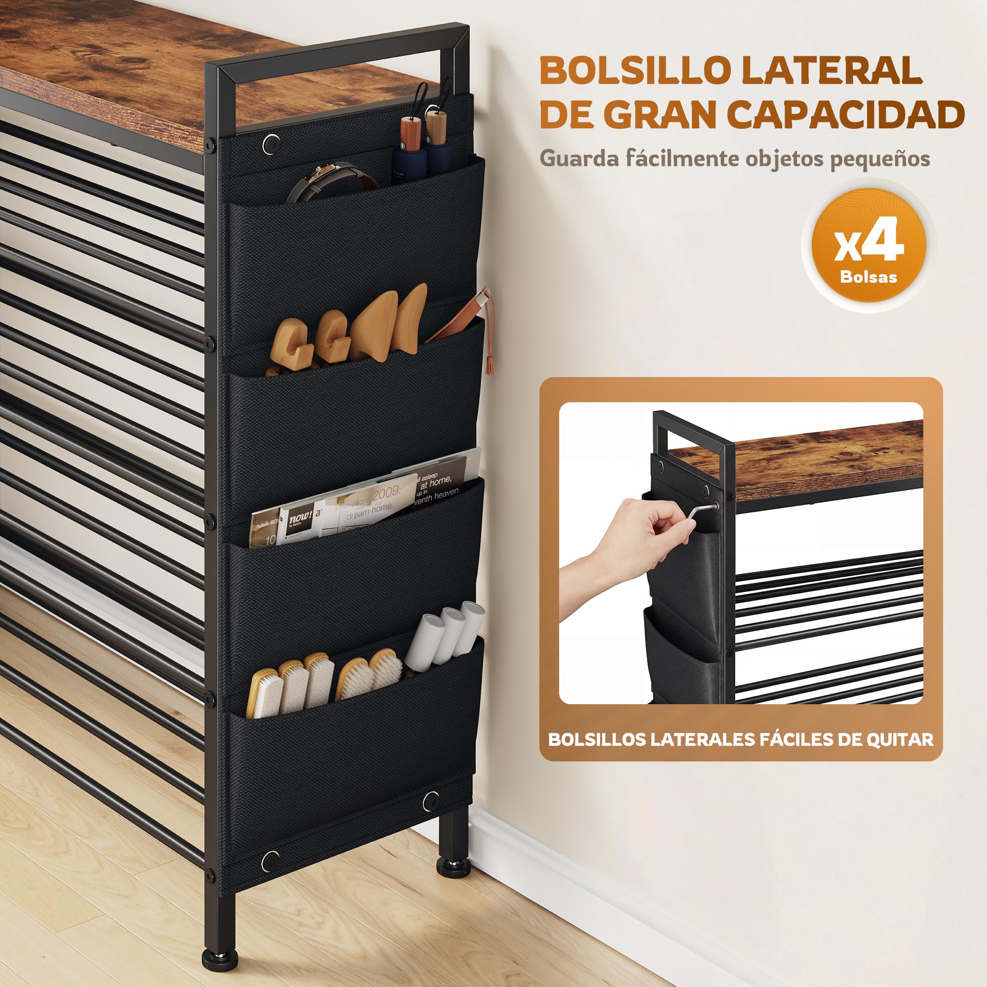 Zapatero Estrecho 5 Niveles, Zapatero metalico Madera sólido y fácil de Limpiar, Zapatero Entrada recibidor con Bolsillos Laterales, para 16-20 Pares, 30 x 76 x 96,5 cm, para Entrada y Pasillo