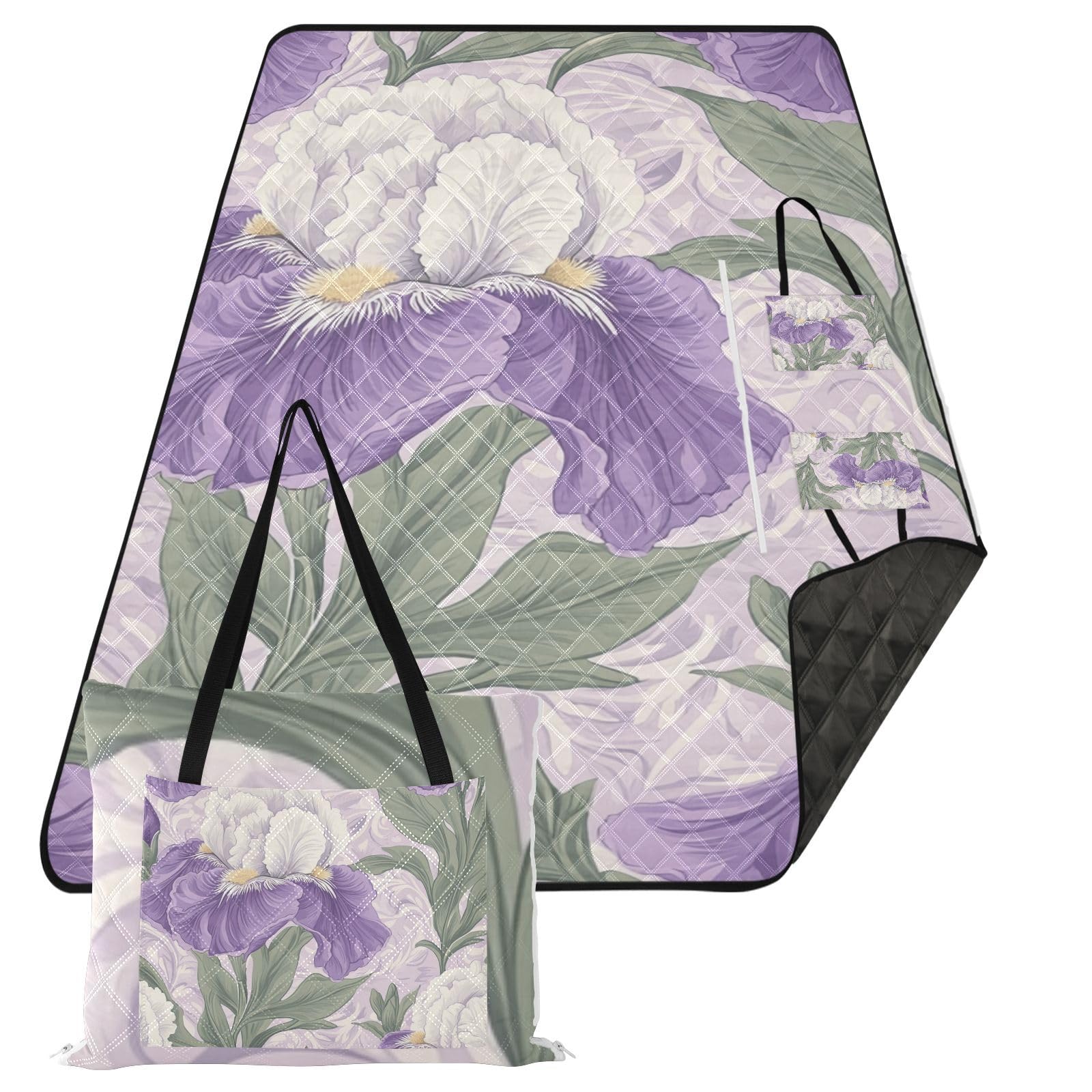 Vintage Viola e Bianco Iris Fiori Impermeabile Picnic Coperte Pieghevole Escursionismo Coperta Portatile per Famiglia Regalo Estate Manta de Tela para Picnic