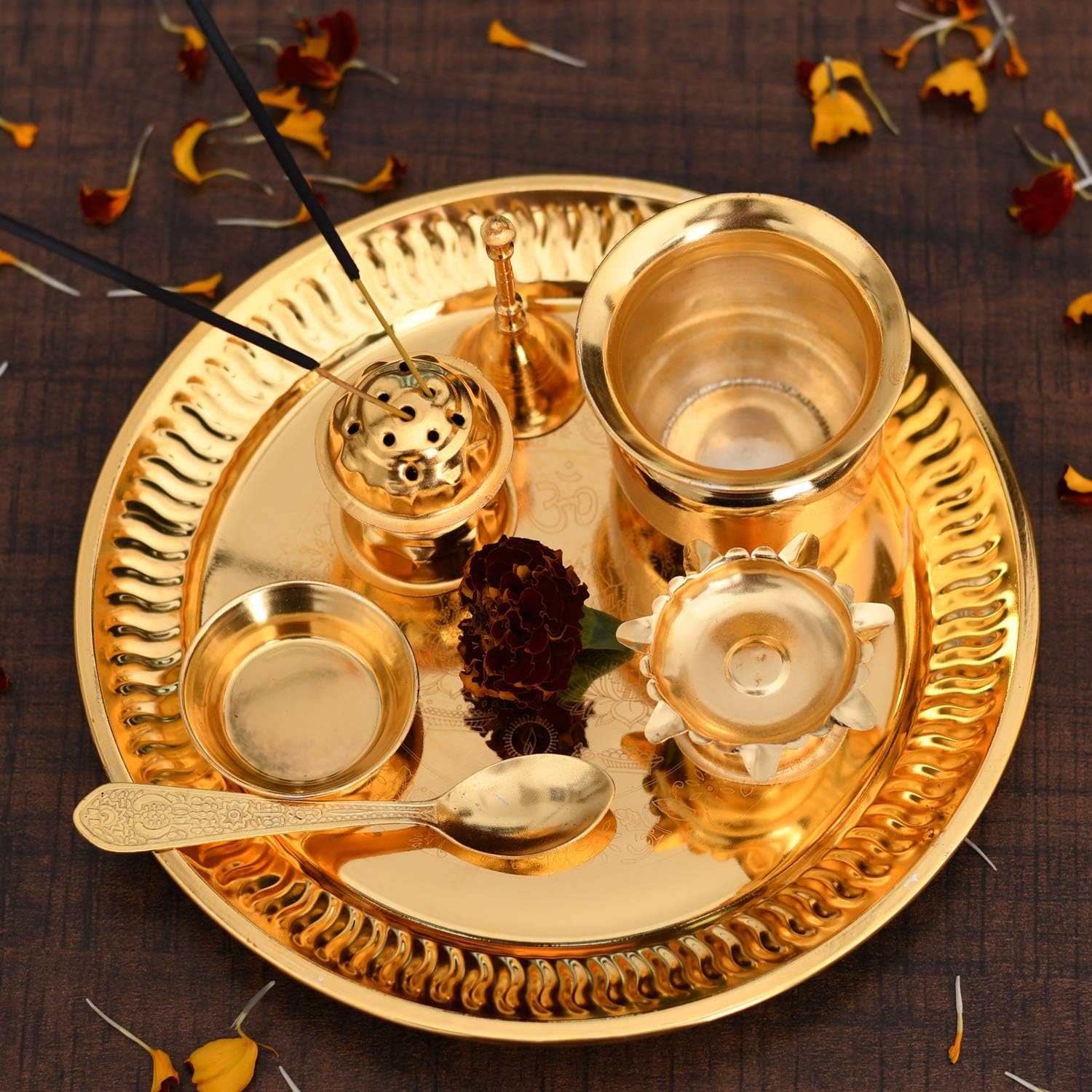 Jaipur ACE Metal Pooja Thali, 2 Bowl, 1 Agarbatti Stand, 1 Diya, 1 Spoon, Bell (Gold_9.2 Inch X 9.2 Inch X 2.4 Inch)