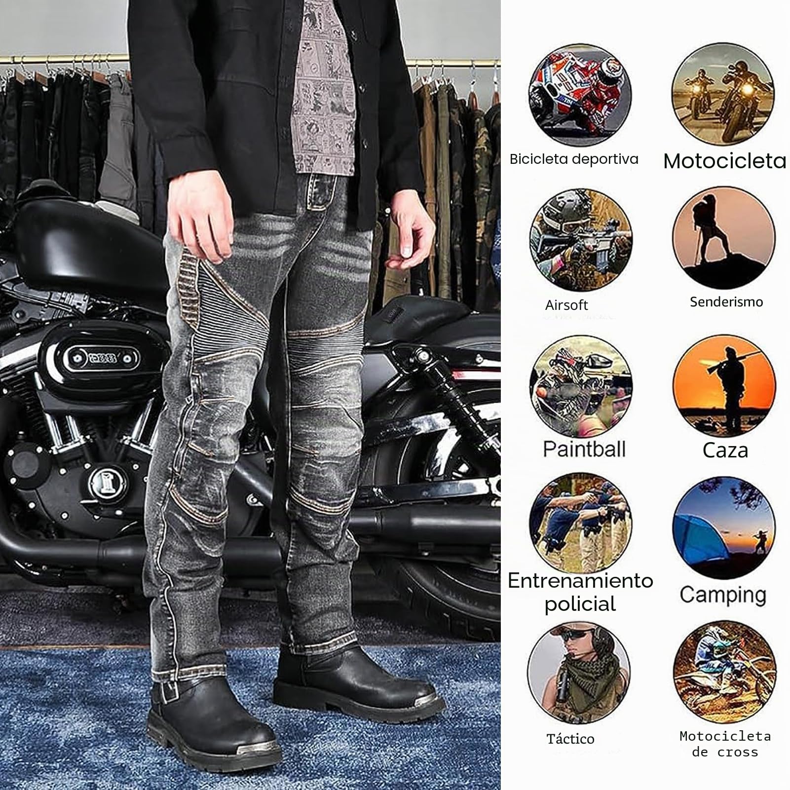 Pantalon Moto Hombre, Pantalon Vaquero Moto para Pantalones de Carreras de Motocross, Pantalon Moto Elástico, Jeans de Moto, 4 x Equipo de Protección (Negro,L)