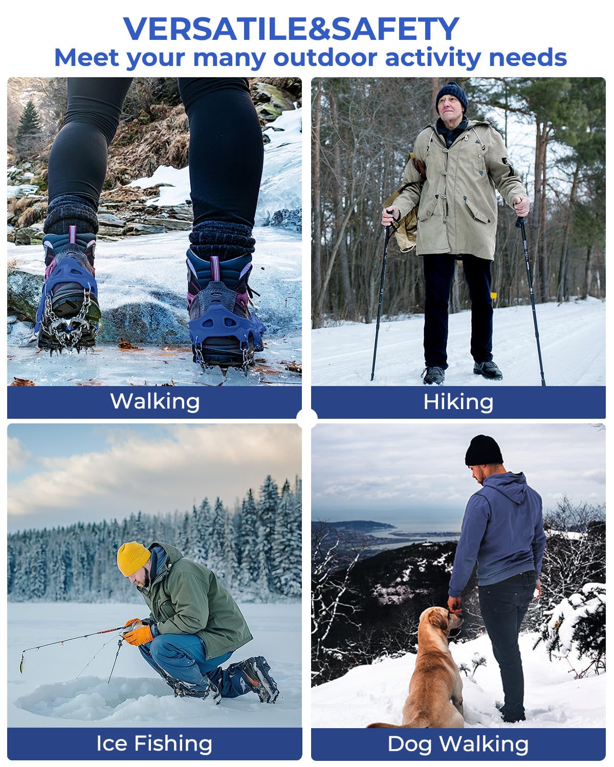 Sportneer Ramponi da Ghiaccio a trazione, 19 Denti 201 Inox Copertura Antiscivolo per Scarpe da Neve, ramponi per scarponi, Protezione sicura per Camminare, Jogging, Pesca, Camp