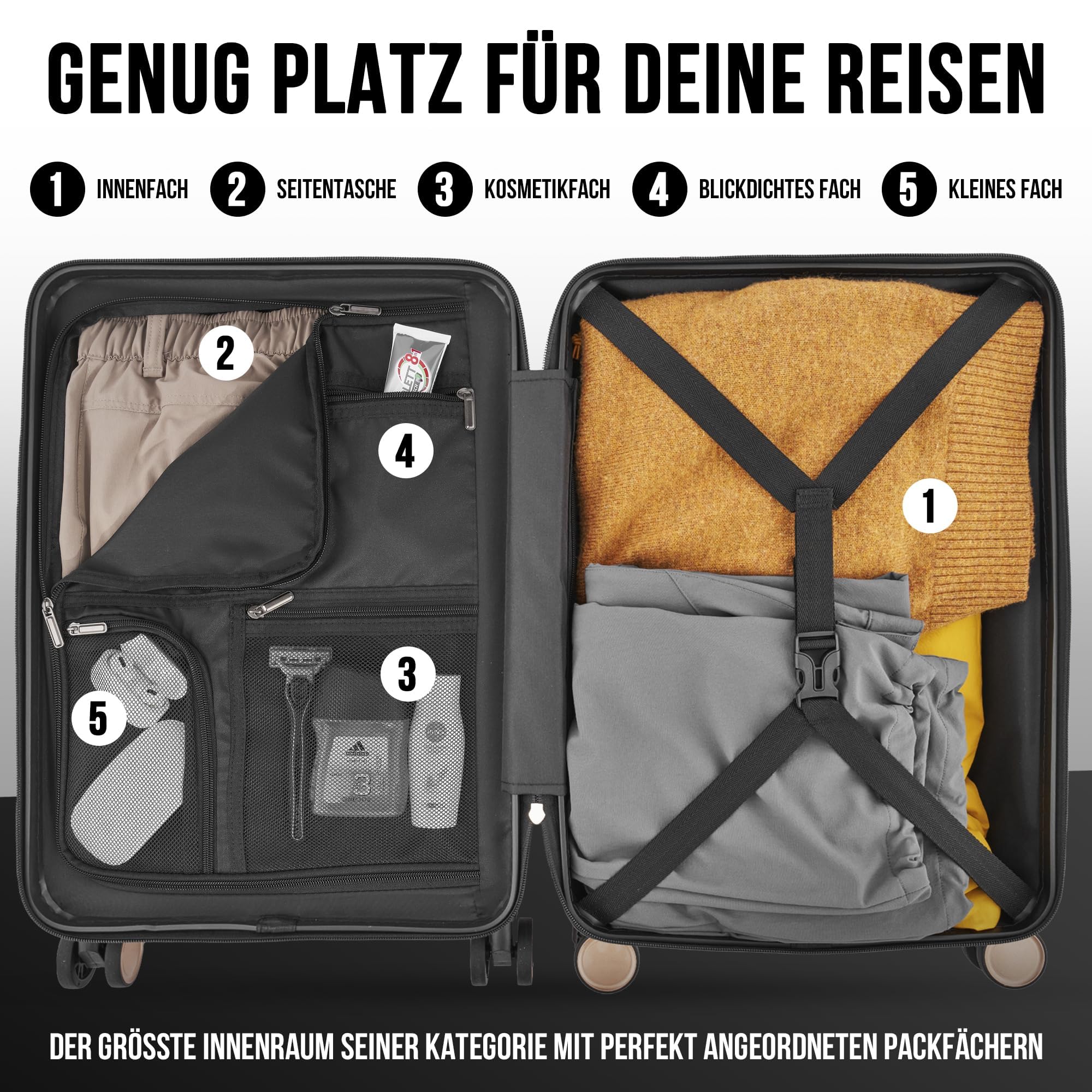 Handgepäck Koffer 55x40x20 cm, Kabinenkoffer Hartschale aus Polycarbonat, Handgepäck Trolley mit TSA Schloss und 4 Rollen, Bordgepäck Reisekoffer, Schwarz/Champagner Rosé