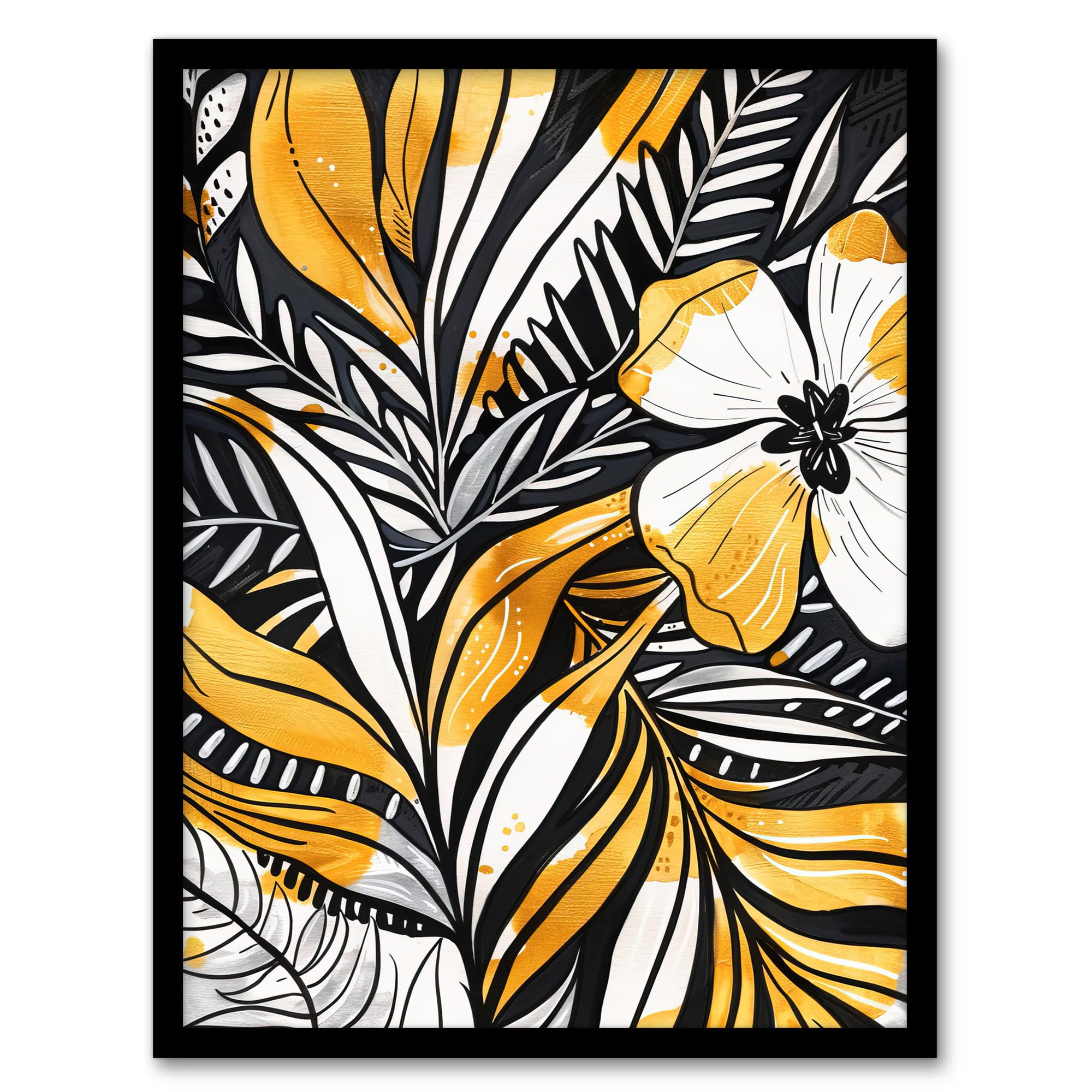 Artery8 Plant Lover Fern Flower Bloom Black Gold White Living Room Artwork Framed Wall Art Print 18X24 Inch