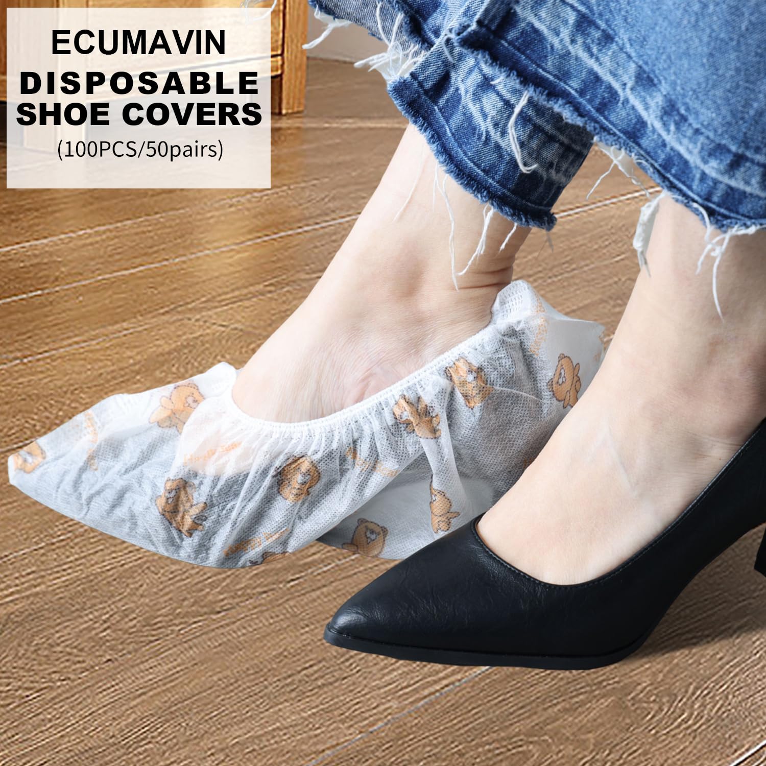 Ecumavin Shoe Covers, Disposable/100PCS(50 Pairs)/Non slip, Durable, Dust-proof, Shoe Covers for indoor and outdoor/Non-woven Fabric/One Size fits Most Shoes & Boots/White, Cute Teddy bear Pattern