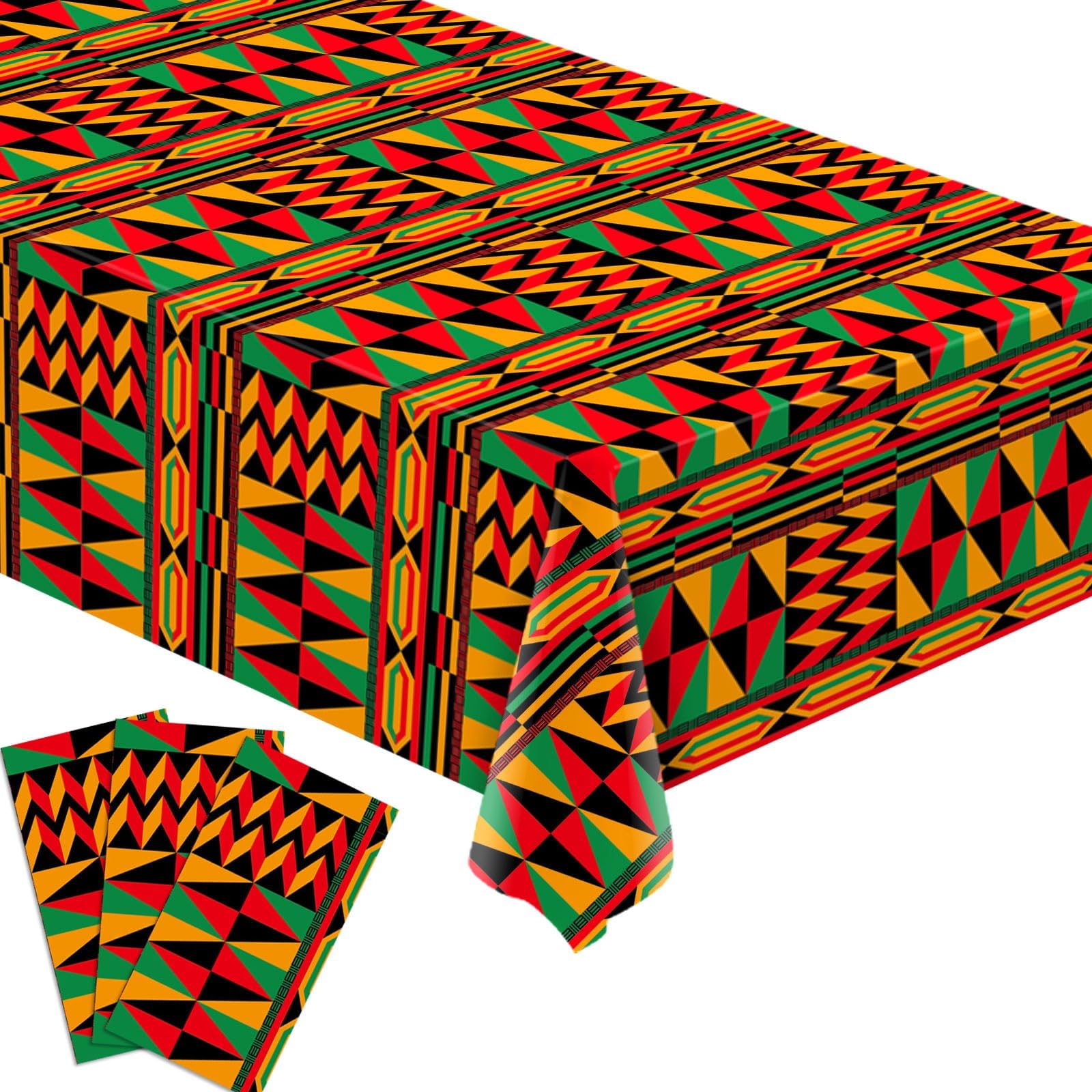 Kwanzaa African Print Tablecloth Black History Month Kente African American Party Decoration Disposable Plastic Table Cloth Waterproof Picnic Dining Kitchen Decor 54 x108 Inch -Pack of 3