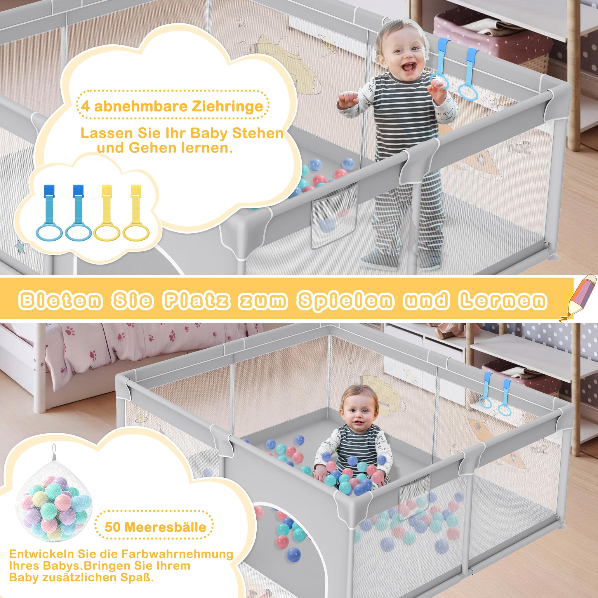 XMTECH Kojec dla niemowląt, przenośny, z 50 piłkami do zabawy, 127 cm x 127 cm x 68 cm, kratka ochronna z oddychającą siatką i zamkiem błyskawicznym i 4 pierścieniami do ciągnięcia (szary z motywami