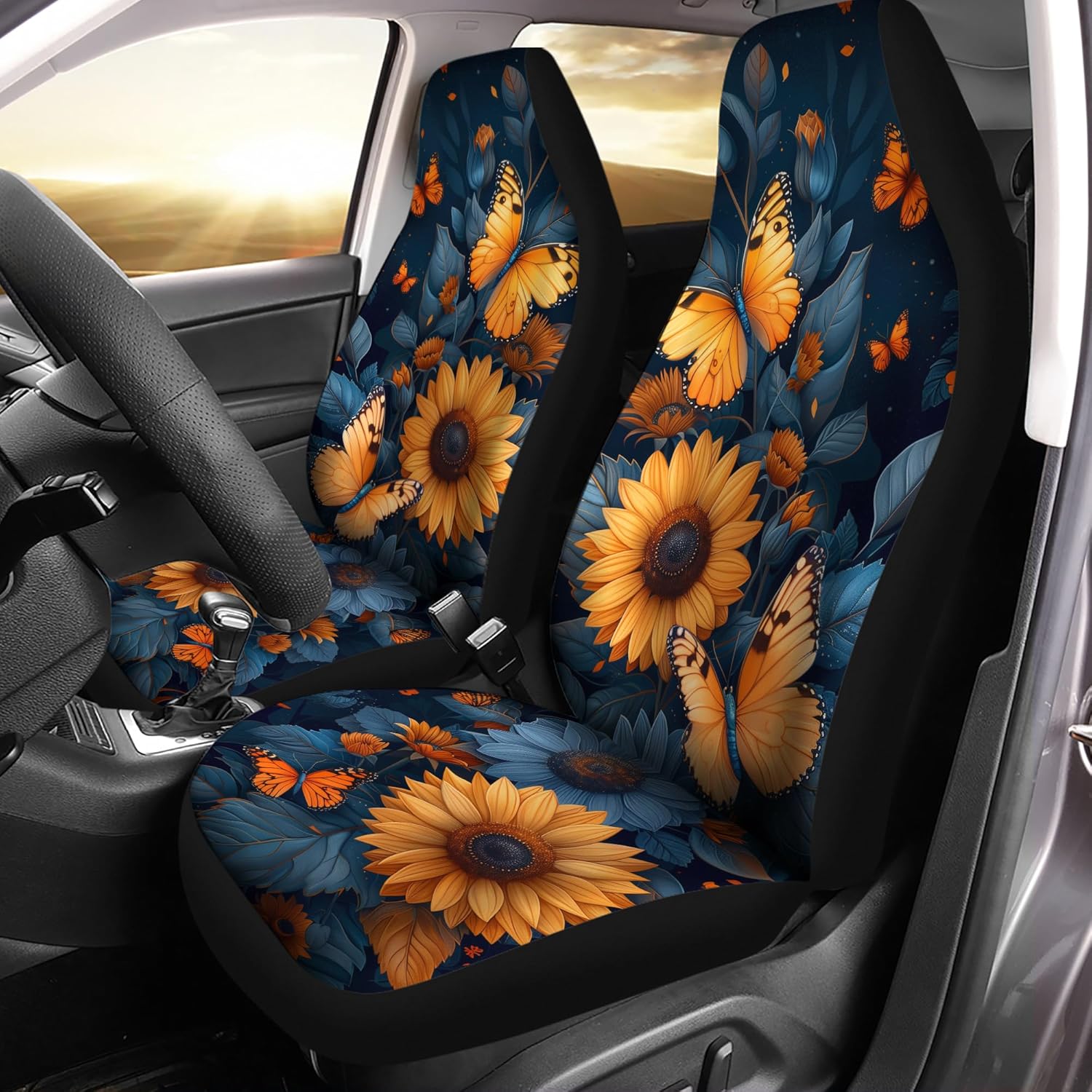 Sunflower Butterfly Print Car Seat Cover Set of 2 for Front Seats,Universal Saddle Blanket Covers Fit for Most Vehicle