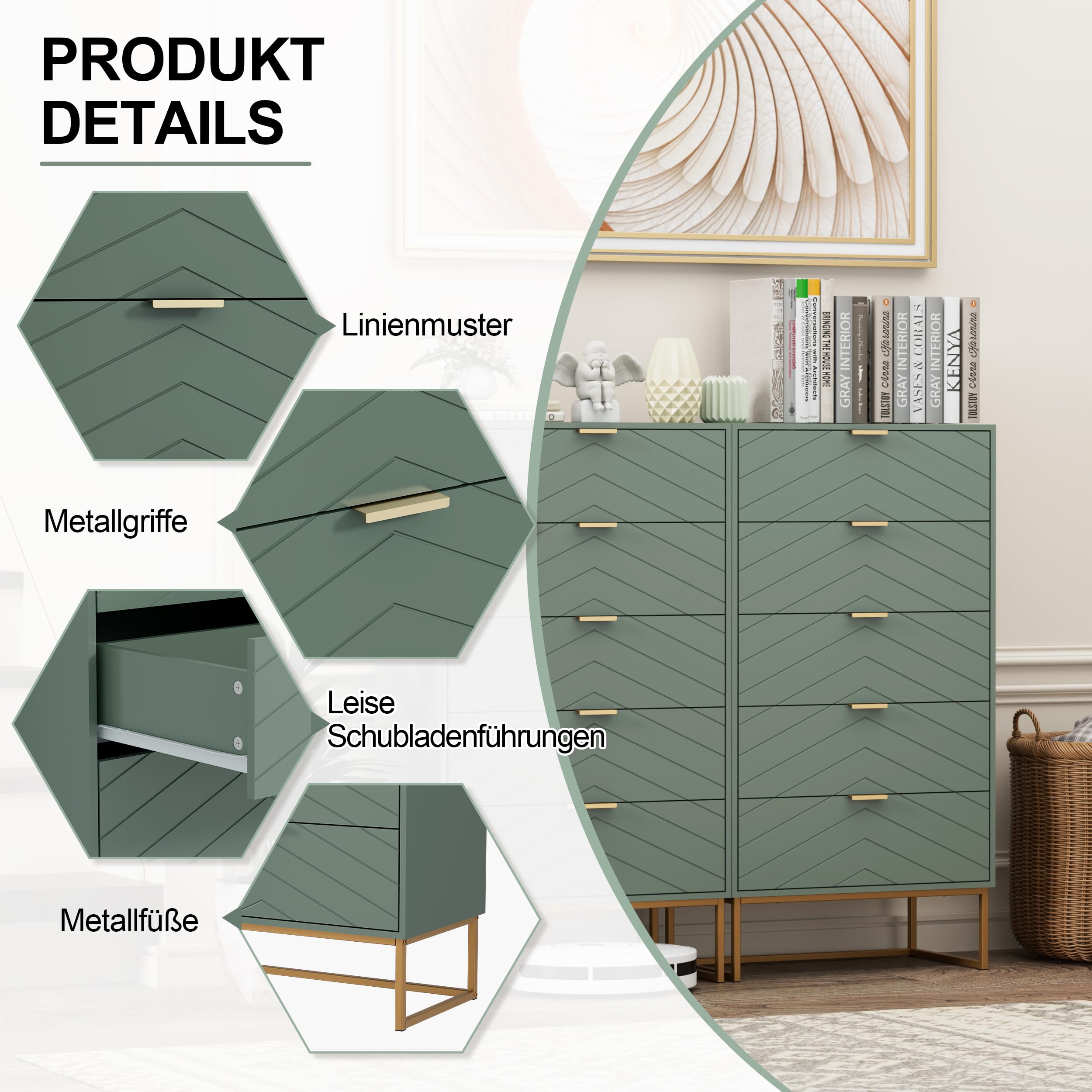UEV Kommode mit 5 Schubladen Schrank Holz mit Kippsicherung Metallfuß Highboard Sideboard Schmal kommode Beistellschrank für Wohnzimmer Schlafzimmer,Flur 60x34x110cm (grün)