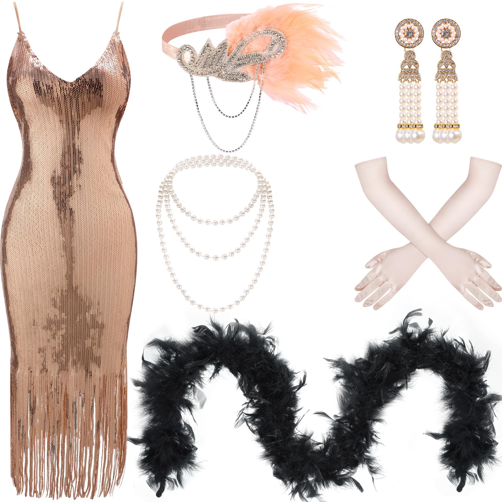 Tisancy 7 Pcs 1920s Women's Flapper Dress Set