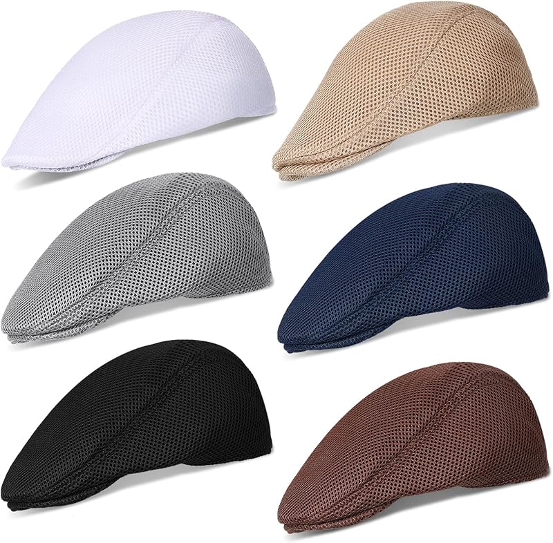 Geyoga 6 Pcs Men's Mesh Flat Cap Breathable Summer Newsboy Hat Adjustable Cabbie Driving Flat Cap for Men