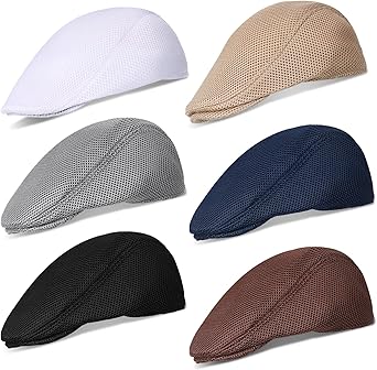Geyoga 6 Pcs Mens Mesh Flat Cap Breathable Summer Newsboy Hat Adjustable Cabbie Driving Flat Cap for Men