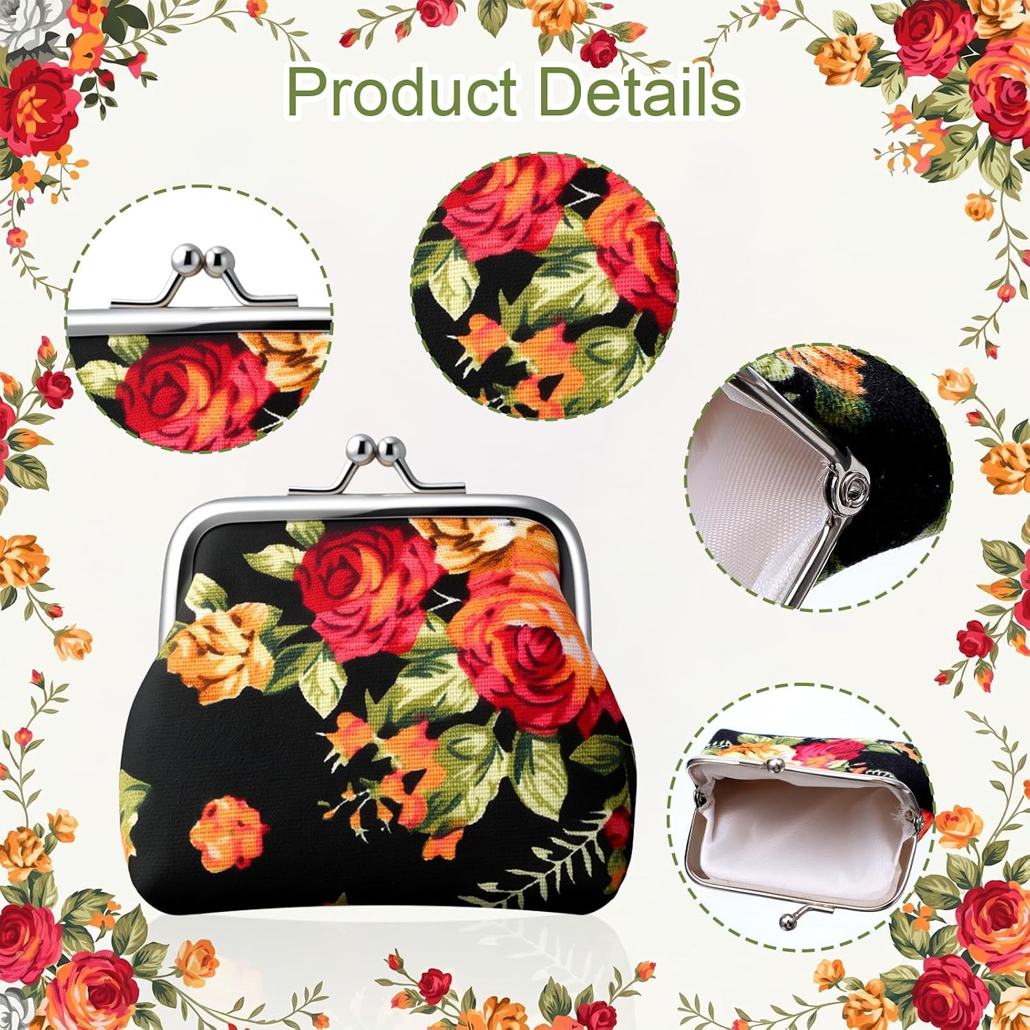 24 PCS Small Canvas Coin Purse Bulk, Vintage Floral Kiss Lock Change Purse Mini Clasp Wallet for Cash Coins Lipstick Keys, Cute Pouches for Women Mother Day Gift (4 Colors, 3.7 x 3.15 Inch)