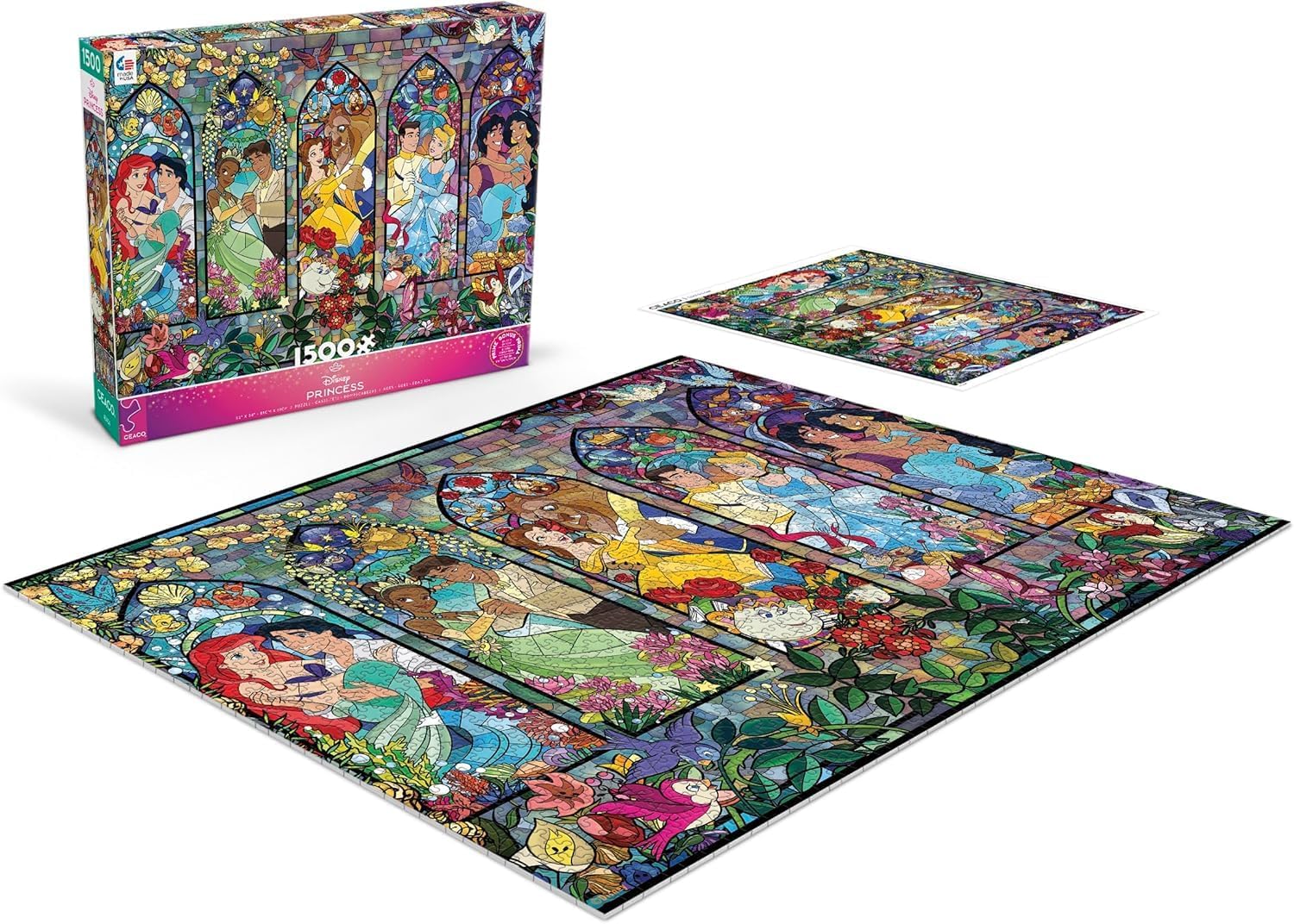 Ceaco Disney Princess Royal Windows Jigsaw Puzzle – 1500 Piece Puzzle for Adults, Stained Glass–Style Princess Artwork, Includes Reference Poster