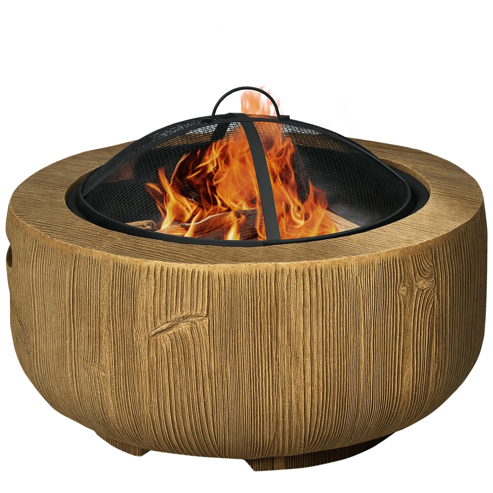 Outsunny Feuerschale Feuerstelle mit Deckel im Baumstumpf-Design Braun | Feuerkorb mit Schürhaken, für Garten, Camping, Terrasse, Stahl, MgO