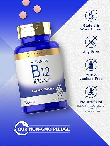 Miniatura 4 de Carlyle Vitamina B12 100mcg | 200 tabletas | Suplemento vitamínico esencial | Fórmula vegana, sin OMG y sin gluten
