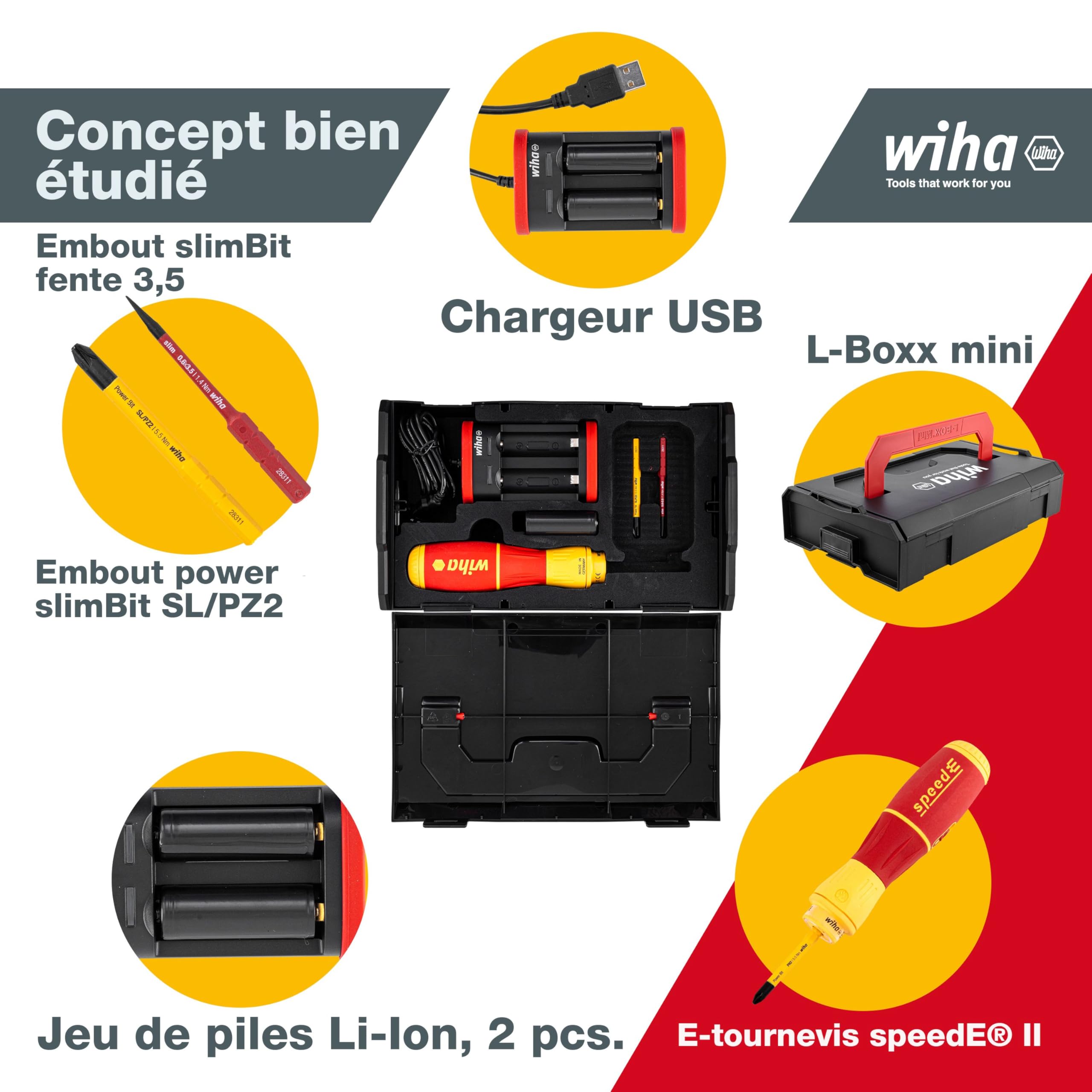 Wiha Tournevis électrique speedE® II sans fil visseuse (44318) avec embouts isolés slim, piles, câble USB, L-Boxx Mini) | Serrage à 0,4 Nm et 1 Nm | (44318) Torque 0.4Nm + 1Nm I L-Boxx Mini I batteries, USB charging cable I LED light I cordless screwdrive