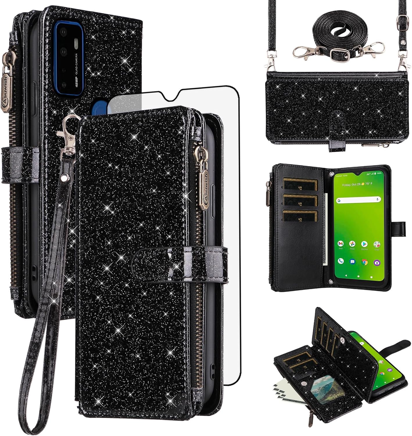 Asuwish Phone Case for Cricket Dream 5G/AT&T Radiant Max 5G Wallet Stand Slot Cell Cover with Tempered Glass Screen Protector Strap Bling Glitter Zipper Flip Credit Card Holder ATT G5 6.8 Women Black