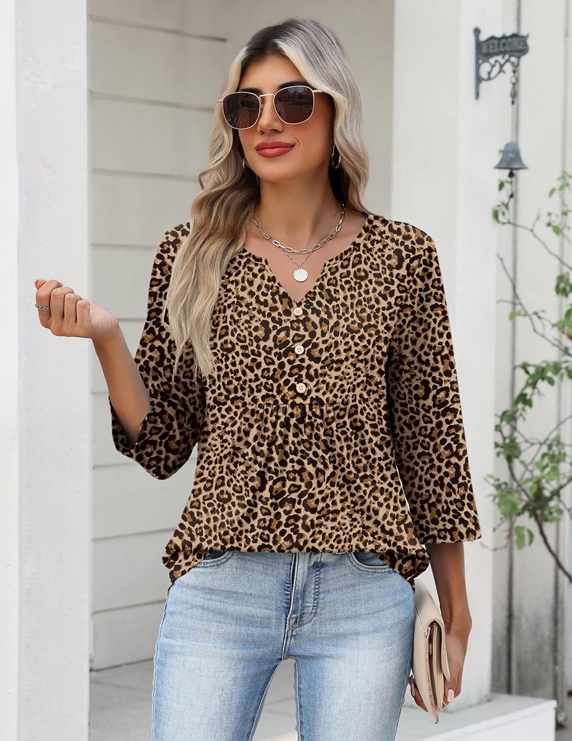 Zeagoo Womens 3/4 Length Sleeve Tops V Neck Dressy Casual T Shirts Pleated Business Work Blouses Basic Tees S-3XL - Image 2