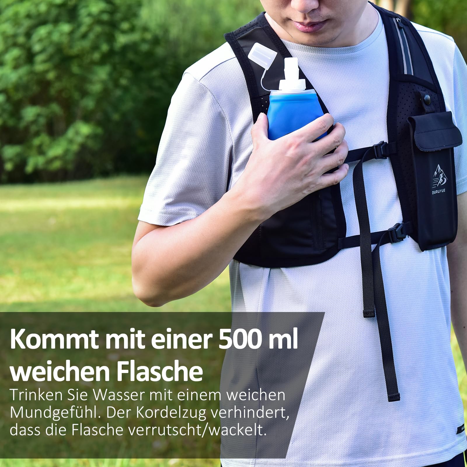 Gilet de course pour homme et femme, brevet européen original, sangles de poitrine réglables, gilet d'hydratation avec bouteille d'eau de 500 ml, sac à dos d'hydratation réfléchissant avec