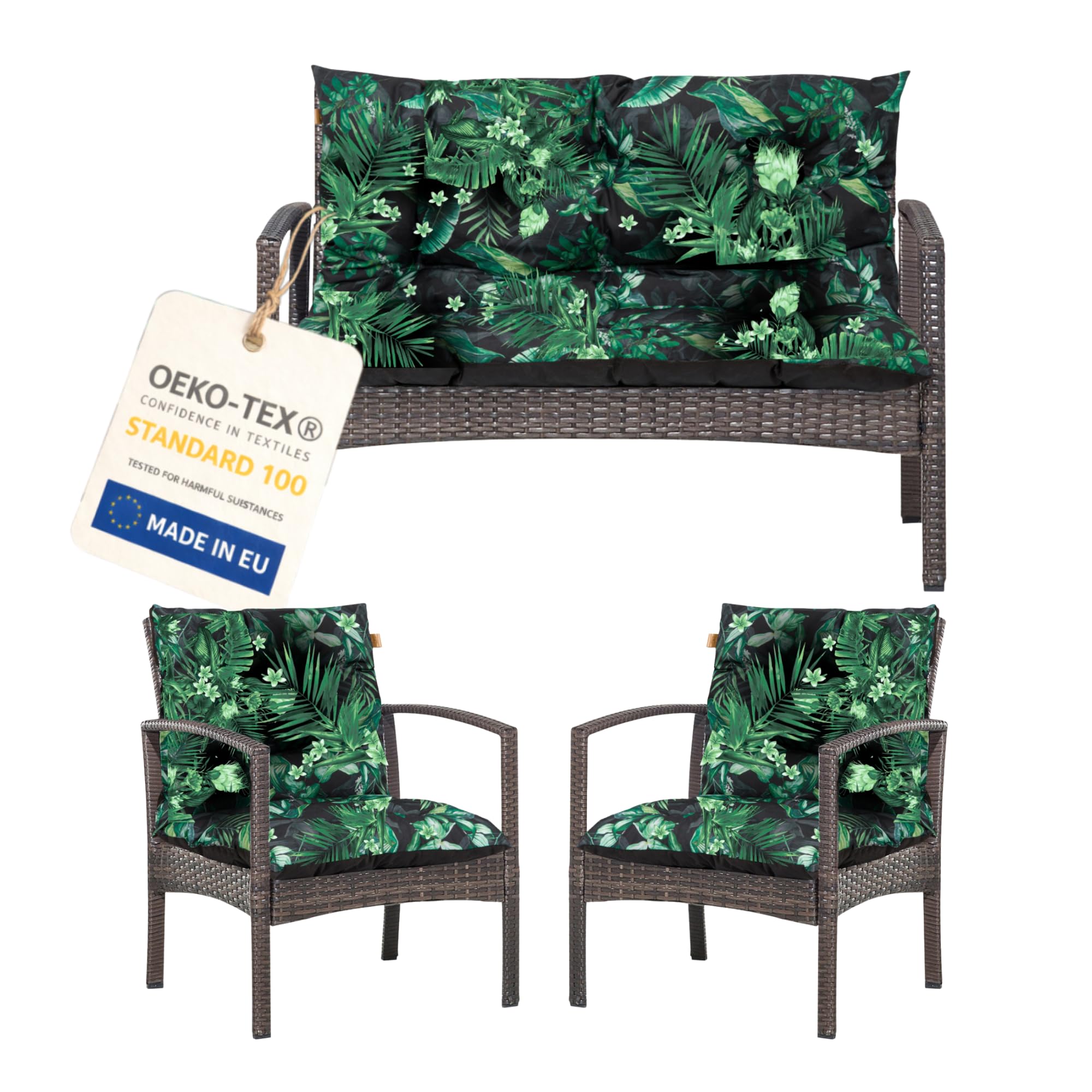 Bielik Gartenkissen Set 3-teilig, Gartenmöbel Polster Set für Rattanmöbel, Bankauflage + 2 Stuhlkissen, Sitzpolster Gartensofa und Gartenstuhl, wasserabweisend Outdoor (grüne Blätter)
