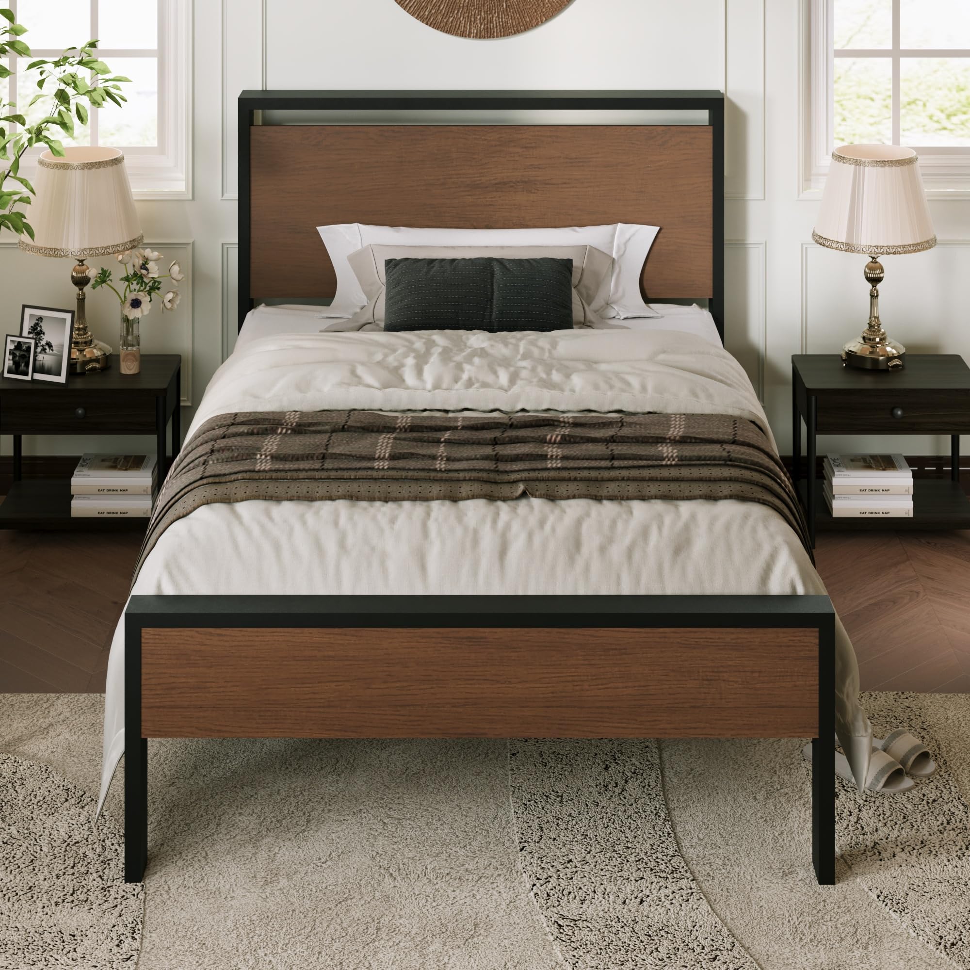 Allewie Twin Size Platform Bed Frame with Wooden Headboard and Footboard, Heavy Duty Metal Slats Support, No Box Spring Needed, Under-Bed Storage,