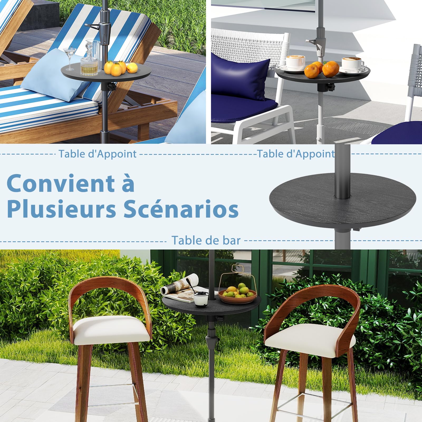 COSTWAY Table de Parasol de Jardin Ø50 cm, Trou pour Parasol de 38/48 mm, Plateau Rond en HDPE, Hauteur Réglable, Imitation Grain de Bois, Montage Facile, pour Piscine Jardin Plage (Noir)