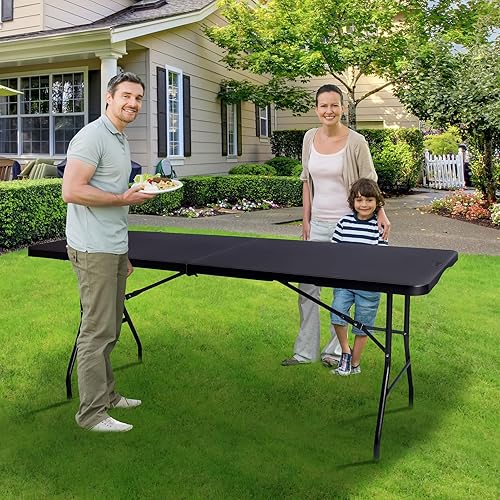 Miniatura 7 de Mesa plegable portátil de plástico resistente de 6 pies, plegable por la mitad, mesa plegable de plástico para interiores y exteriores, para