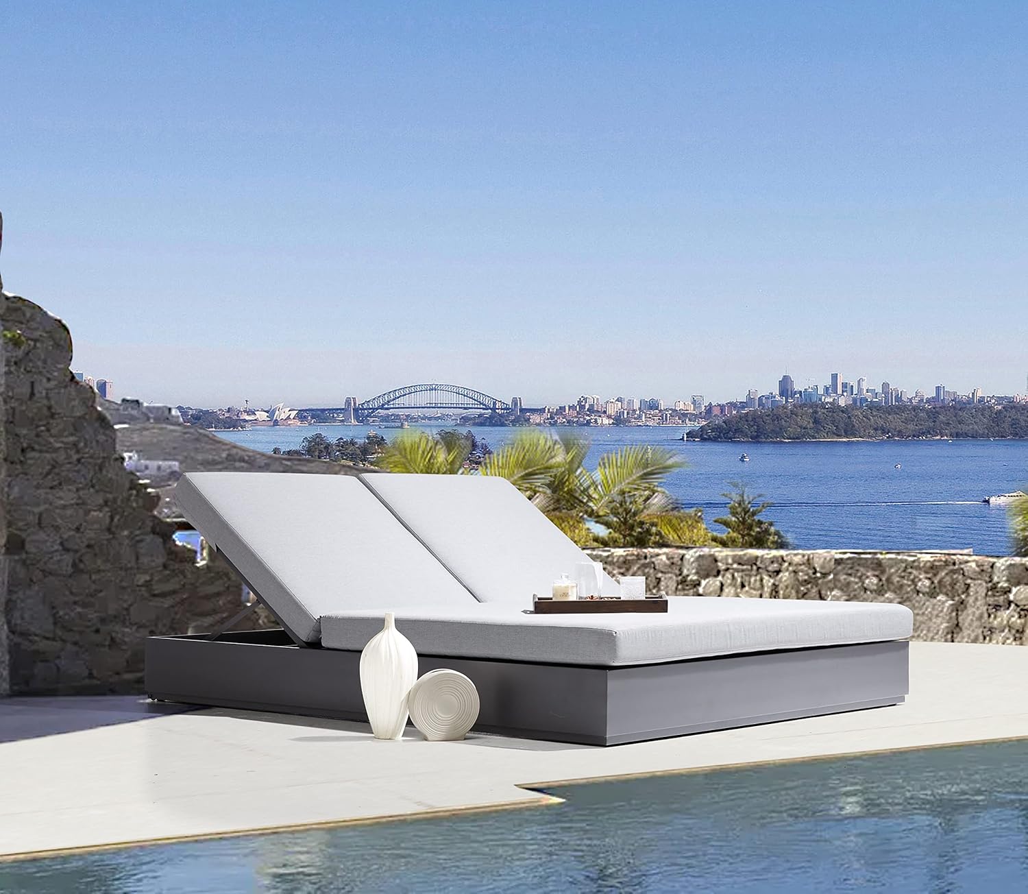 Deko Living Ficarazzi Rectangular Patio Daybed Outdoor Double Chaise Lounge with Two