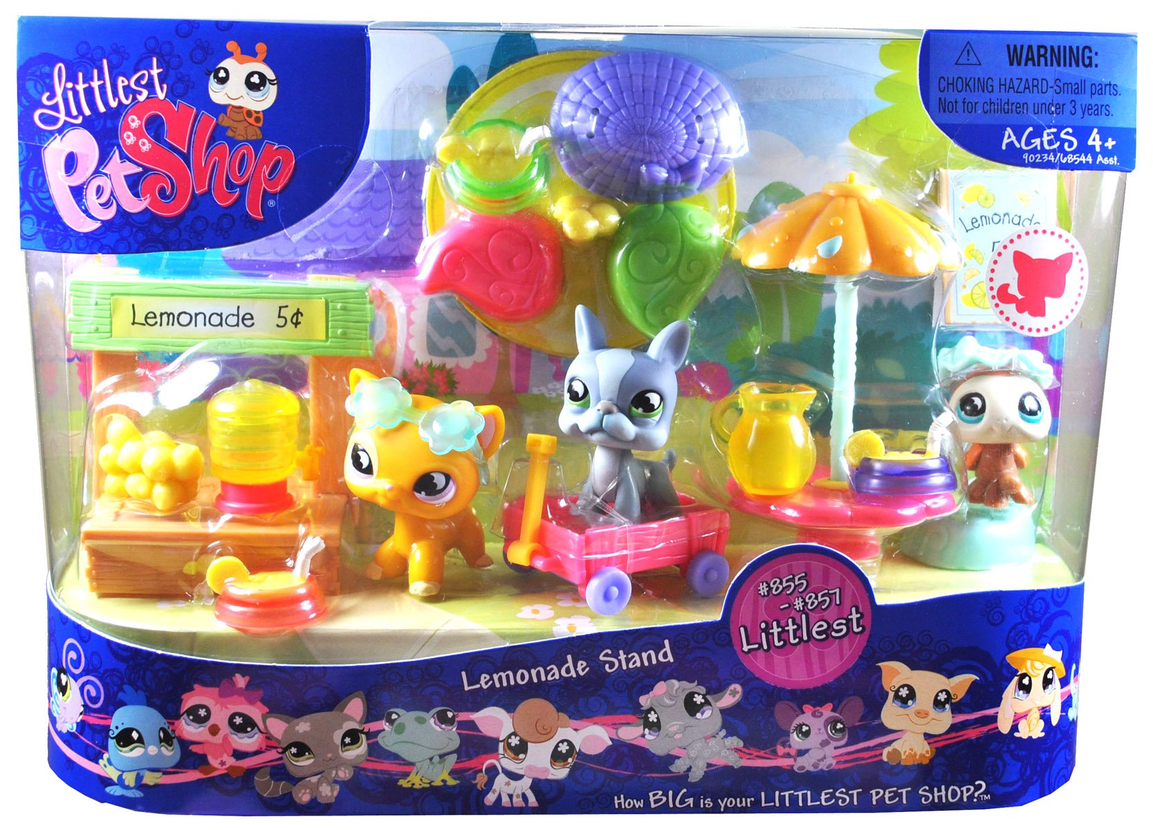 Littlest Pet Shop Littlest Series 3 Pack Bobble Head Pet Figure Box Set - LEMONADE STAND with Orange Kitty Cat (#855), Ladybug (#856), Gray Boston Terrier (#857), Pull Wagon, Umbrella Table, Jug, 3 Bowl, Lemonade Plus Lots of Accessories