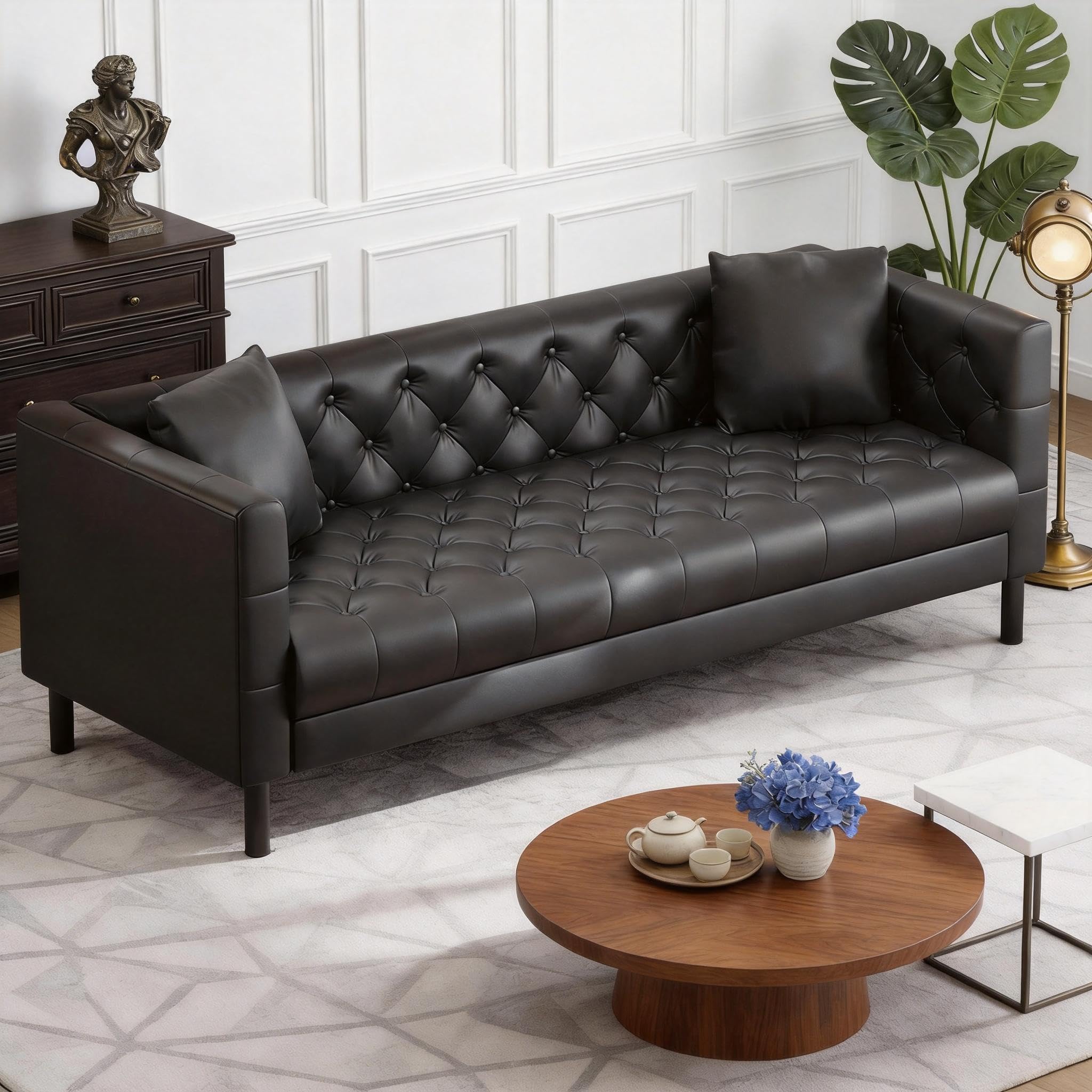 Photo 1 of GarveeHome 81" Leather Couch for Living Room, Button-Tufted 3 Seater Sofa with 2 Pillows and Deep Seat, Modern Mid-Century Leather Sofa for Apartment, Office, Vintage Black