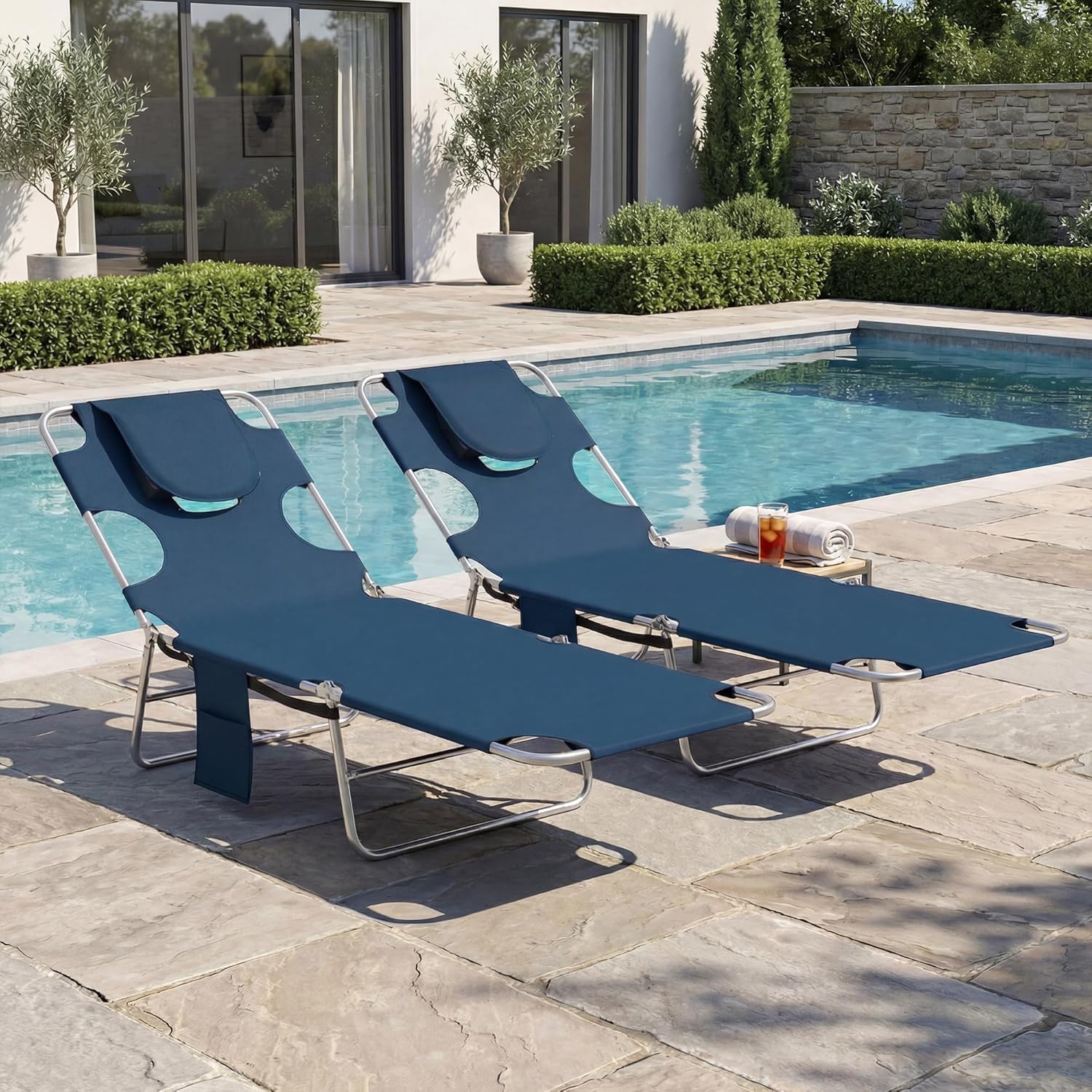 Outsunny Chaise Lounge Chair Outdoor Set of 2 with Face Arm Hole, 5-Position Reclining Face Down Tanning Chair with Carry Strap, Side Pocket, Portable Folding Bed Cot for Patio Beach Pool, Dark Blue
