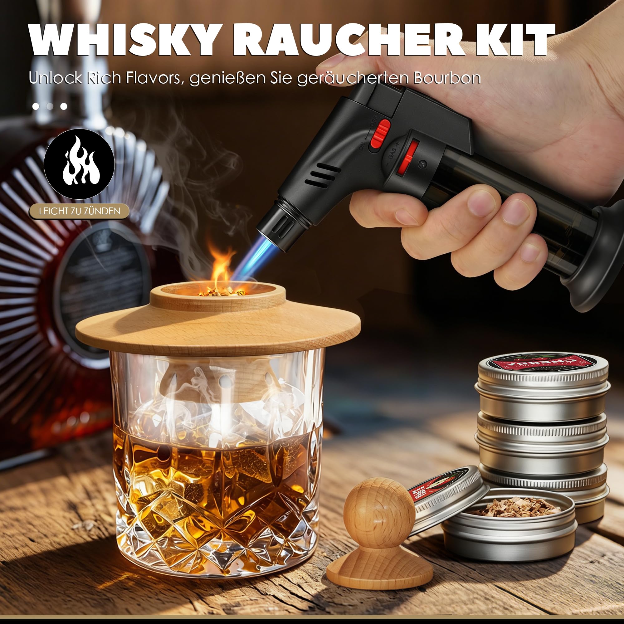 Whisky Räucher Set komplett mit Brenner und Holz-4 Geschmacksrichtungen, Cocktail Räucher Set mit Flambierbrenner, Whisky Geschenk für Männer (Feuergerät ohne Gasbutan)