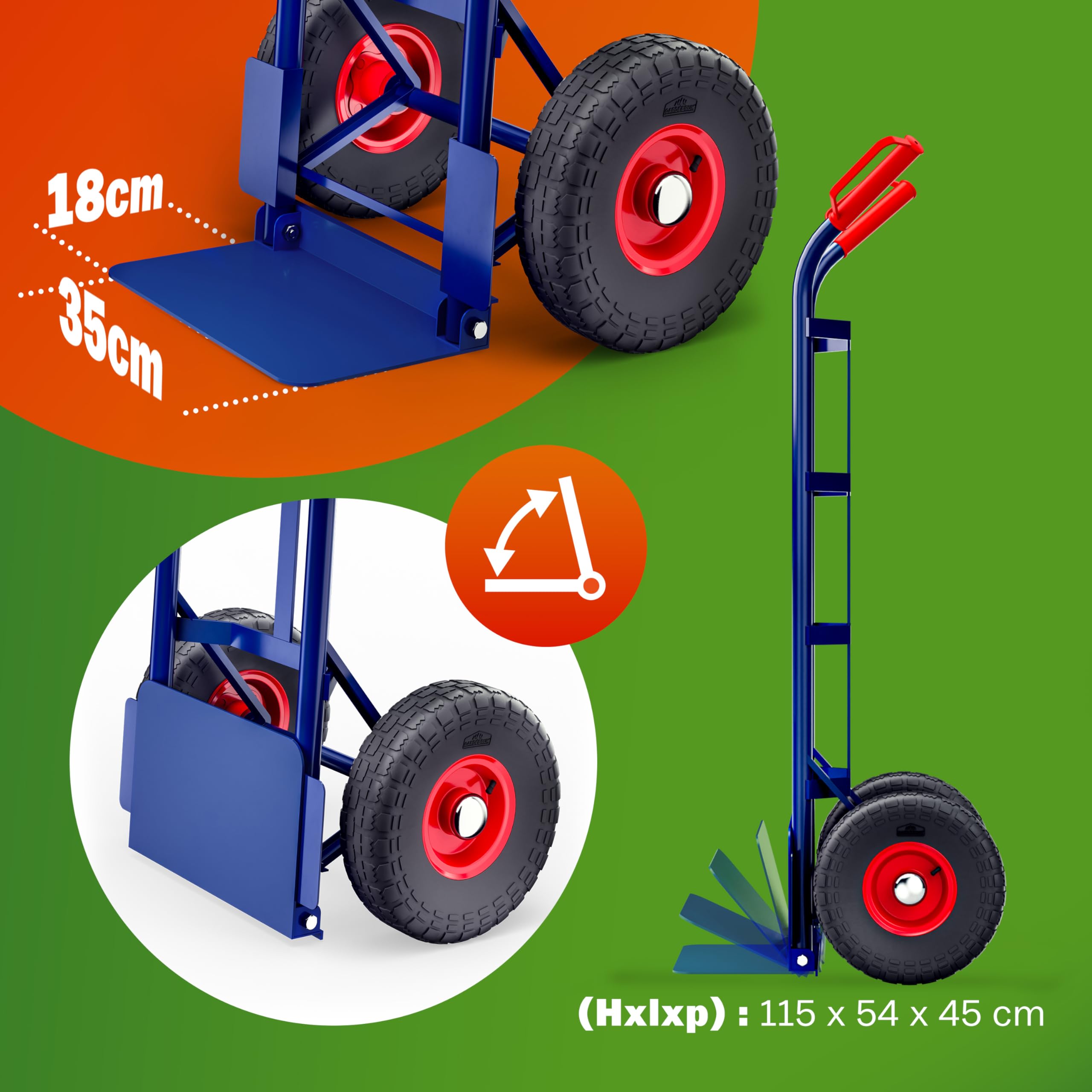 GARDEBRUK® Diable Pliable Chargement Max. 200 kg Roues pneumatiques Acier Chariot de Transport Diable déménagement Chariot Pliant manutention