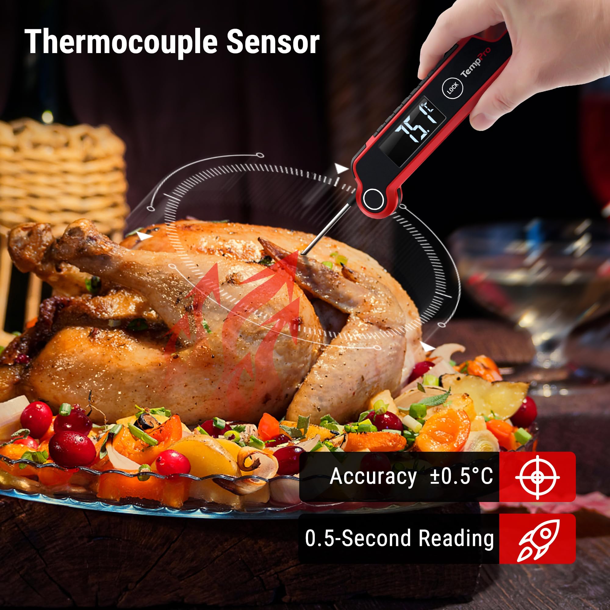 ThermoPro TP620 Thermometre Cuisine Professionnel à Lecture Instantanée, Termometre Cuison LCD à Rétroéclairage avec Détection de Mouvement, Thermometre Cuisson Numérique pour Aliments, Barbecue, Four