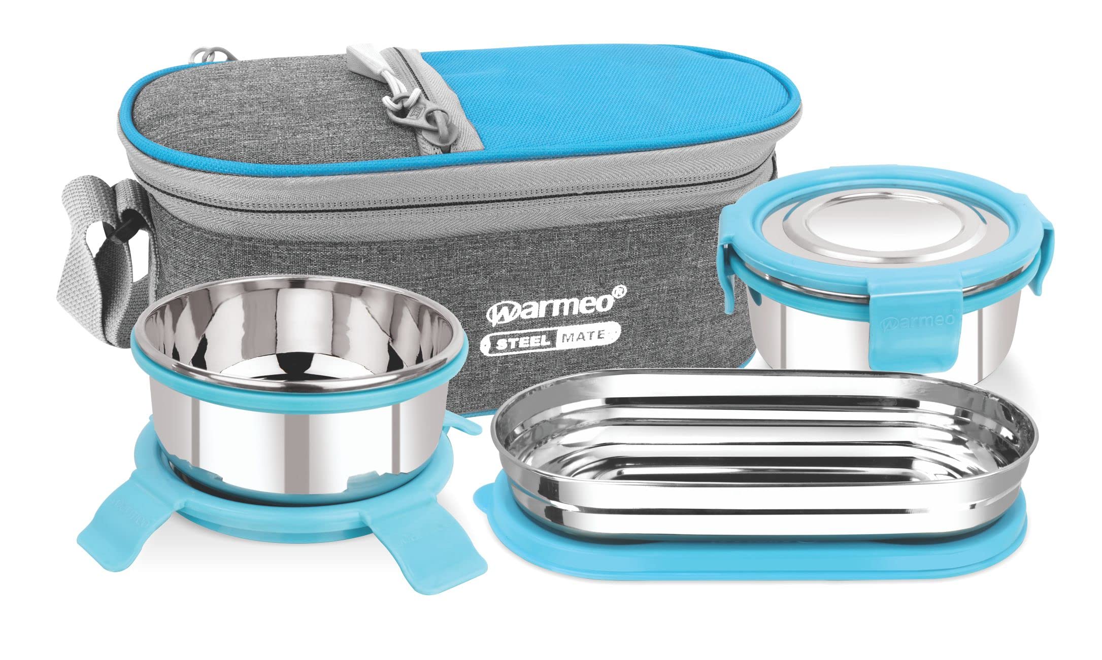 WARMEO Steelix Executive Combo Stainless Steel Lunch Box with Insulated Tiffin Bag for Office & School, 3 PC, Sky Blue