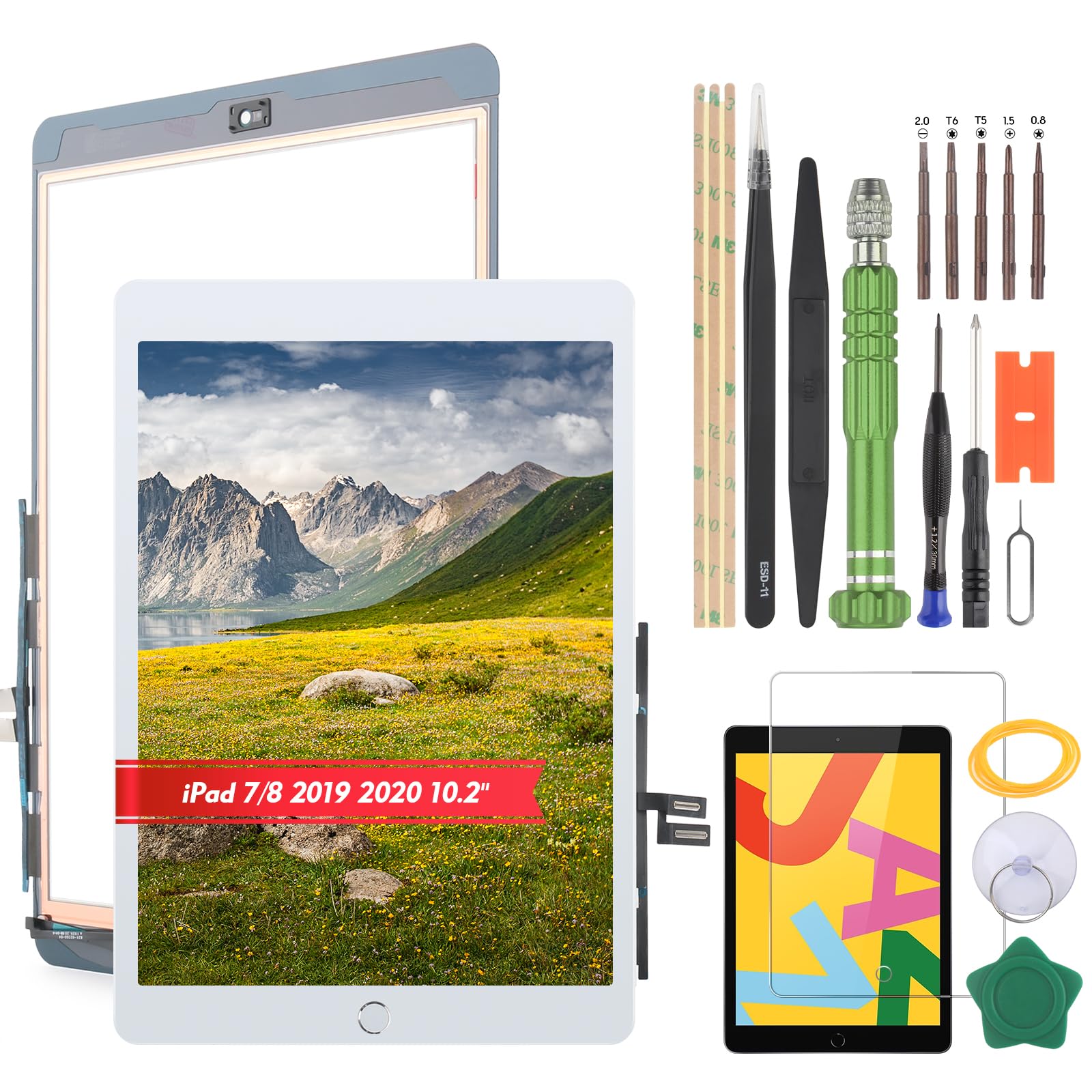 YHX-US Touch Screen Digitizer for iPad 7th Gen 2019/iPad 8th Gen 2020 10.2'' A2197 A2200 A2198 A2428 A2429 A2270 A2430 Front Glass Panel Replacement White with Toolkit +Home Button (No LCD Display)