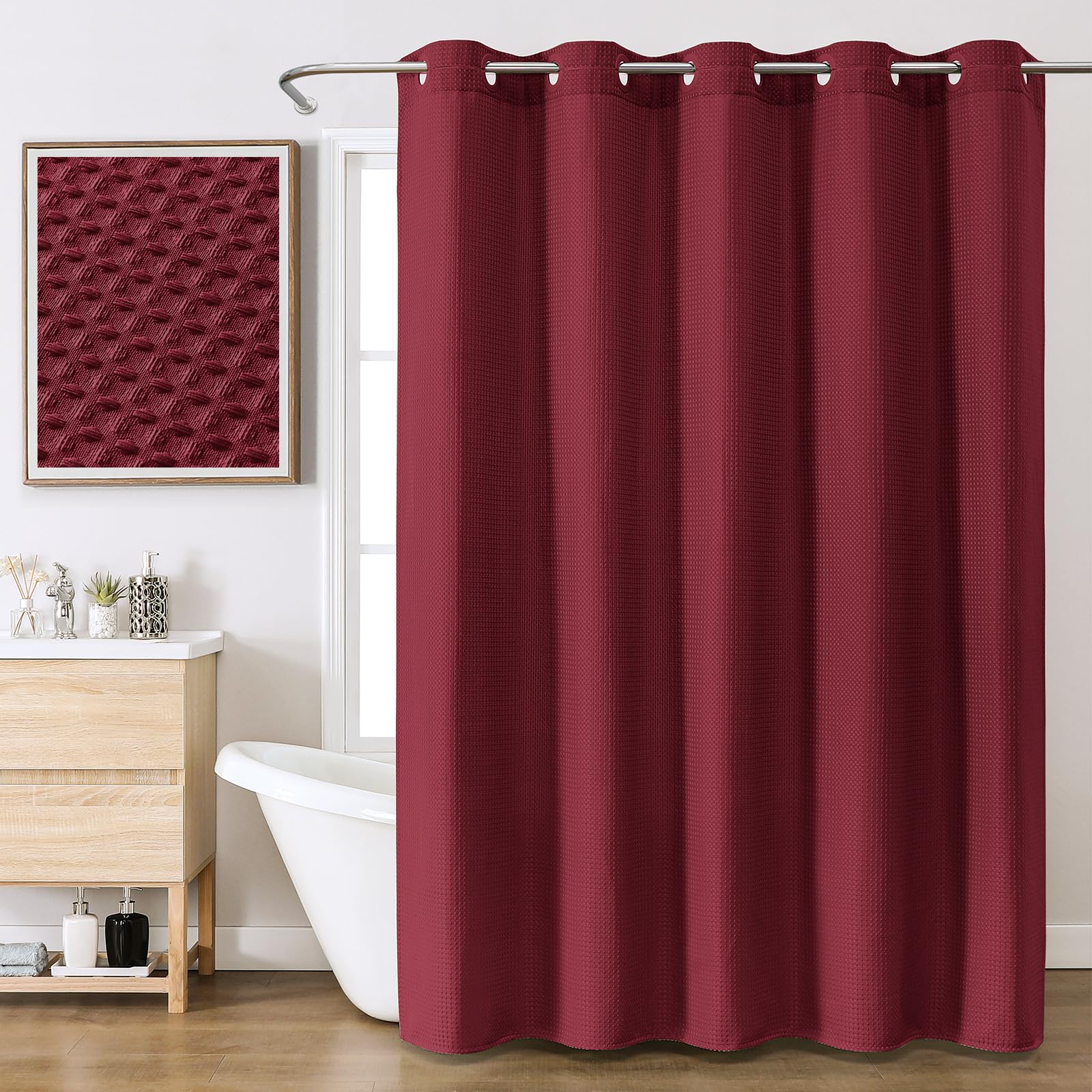 FY&XZH No Hook Waffle Shower Curtain with Laminated Waterproof Backing,Hotel Style Bath Curtain with Built-in Grommets, Machine Washable Thickened Fabric Shower Curtain for Bathroom,72W x 75H, Wine