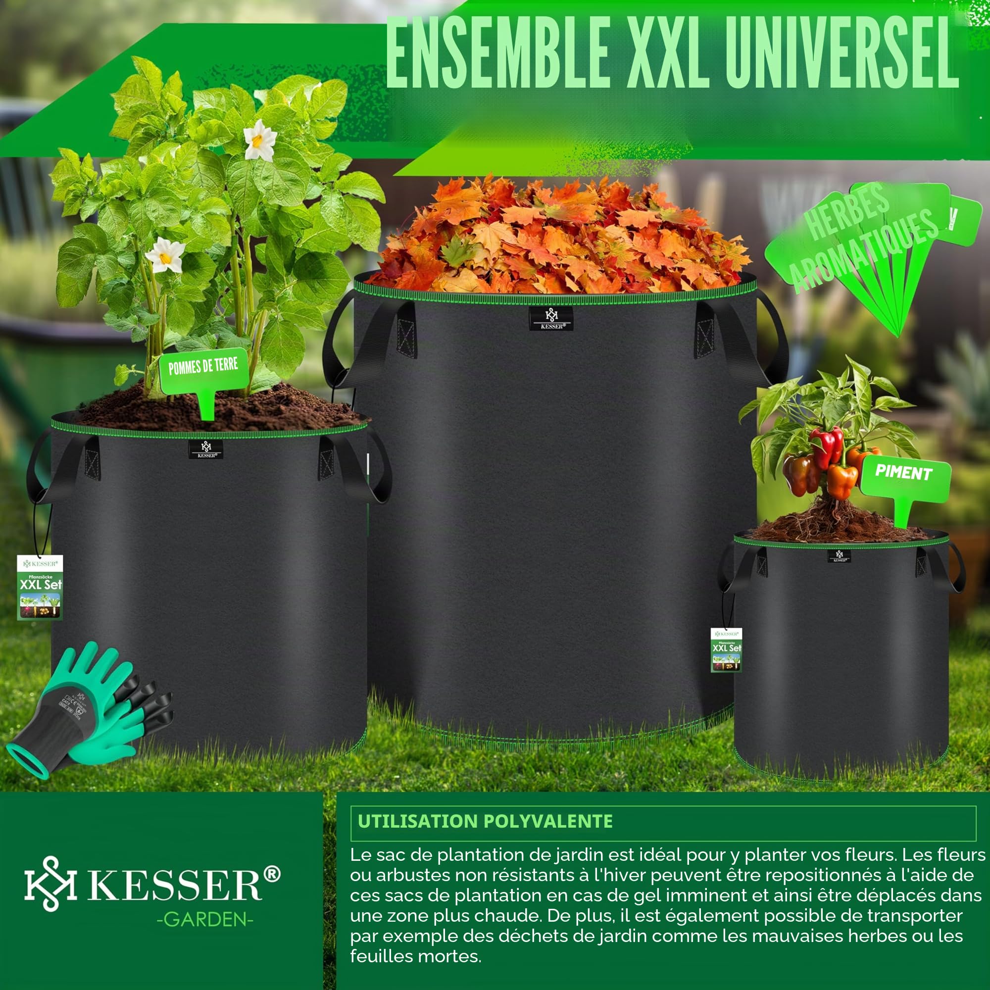 KESSER® Lot de 10 Sac de Plantation 27 litres | Sacs de Plantation en Tissu Non Tissé avec Etiquettes Nominatives | Sac de Plantation de Pommes de Terre avec Fenêtre & Poignées | Noir