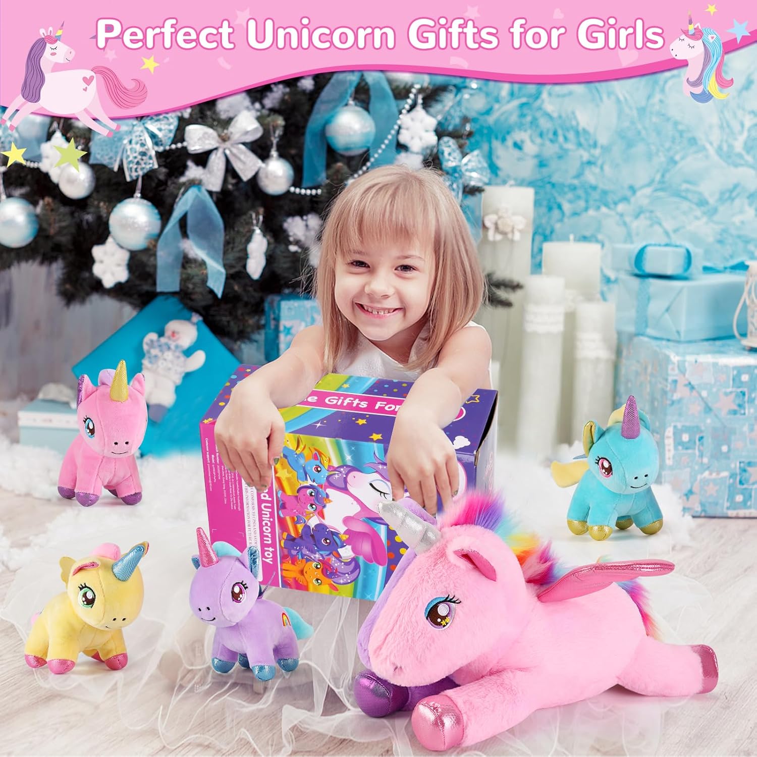 gnomantic 5 Pieces Unicorn Stuffed Animals - 1 Mommy Stuffed Unicorn with 4 Babies - Unicorns Gifts for Girls Ages 3-8, Unicorns Plush Toys for Christmas, Valentine's, Birthday Gifts (Pink & Purple)